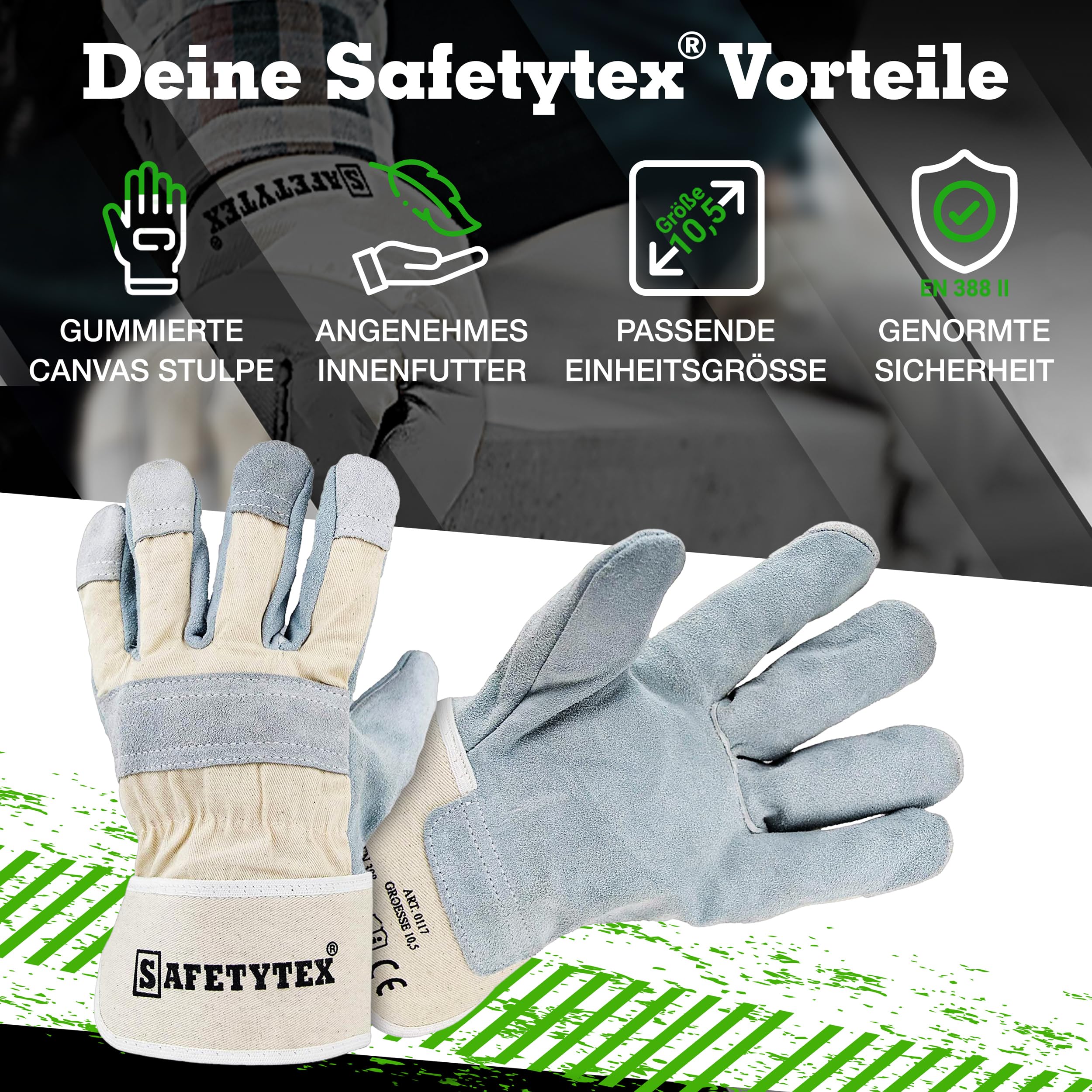 Safetytex Leder Arbeitshandschuhe - Rindspaltleder Handschuhe - Profi Rindspalt Handschuhe mit Canvas Stulpe - Verstärkte Fingerkuppen & Knöchelschutz - Größe 10,5 - Menge wählbar (60 Paar)
