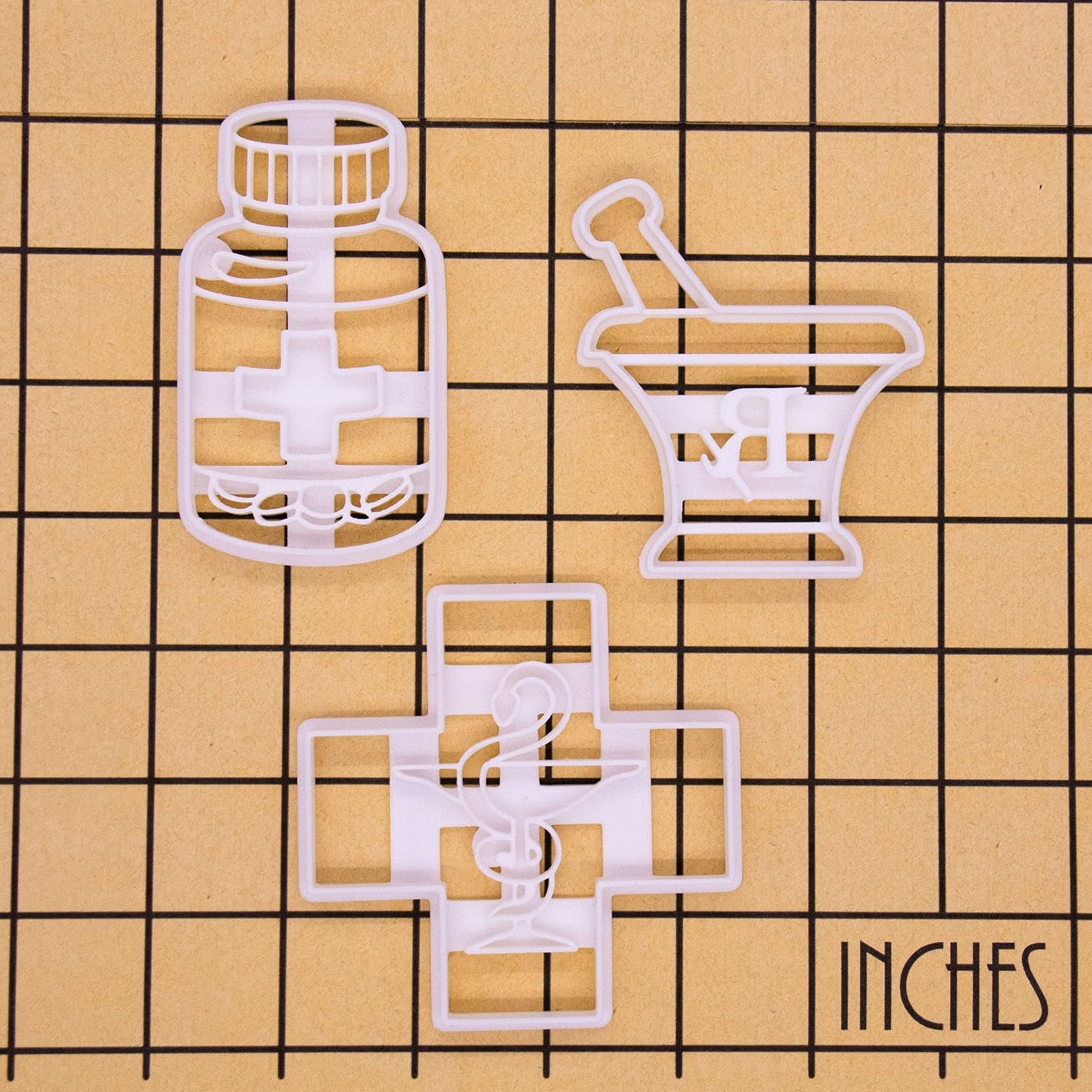 Set of 3 Pharmacy theme cookie cutters (Designs: Pill Bottle, Pestle and Mortar and Pharmacy Logo), 3 pieces - Bakerlogy