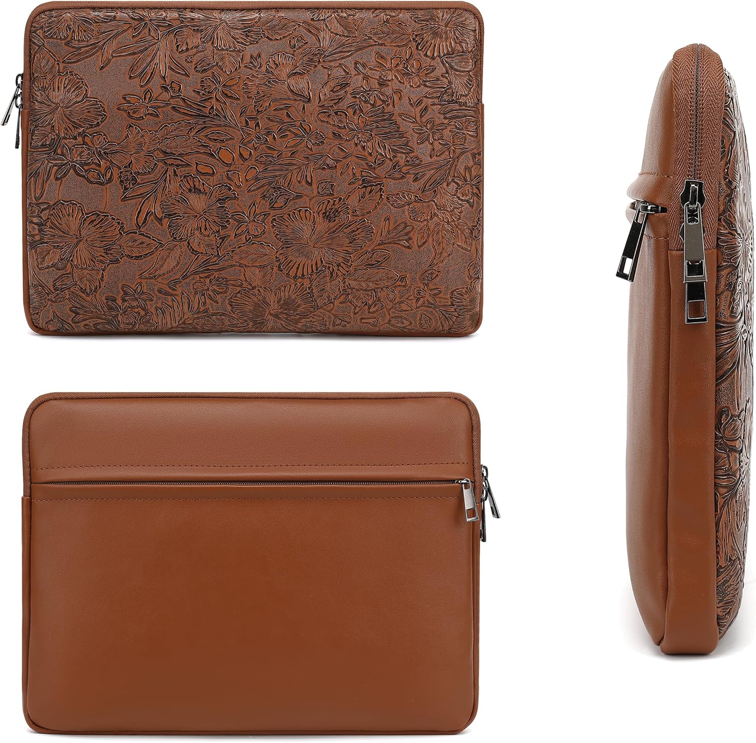 Canvaslove Embossing Floral Pattern PU Leather Laptop Sleeve Case with Pocket for MacBook Pro 14 inch and 14 inch-14.4 inch HP, Lenovo, Dell, ASUS, Acer Notebook Computer (Coffee) - Image 4