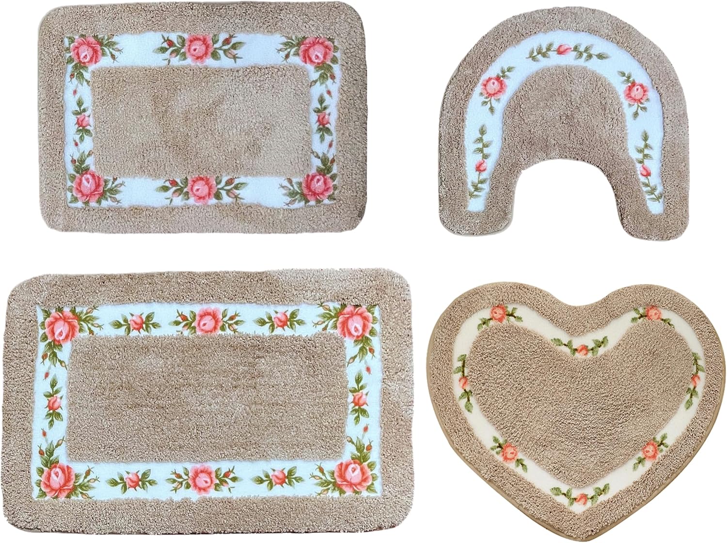 Floral Flower Rug Bathroom Rugs Sets 4 Piece, Romantic Flowers Carpets Heart Rug, Super Soft and Absorbent Non Slip Microfiber Toilet Bath Mat with U-Shaped (Brown)