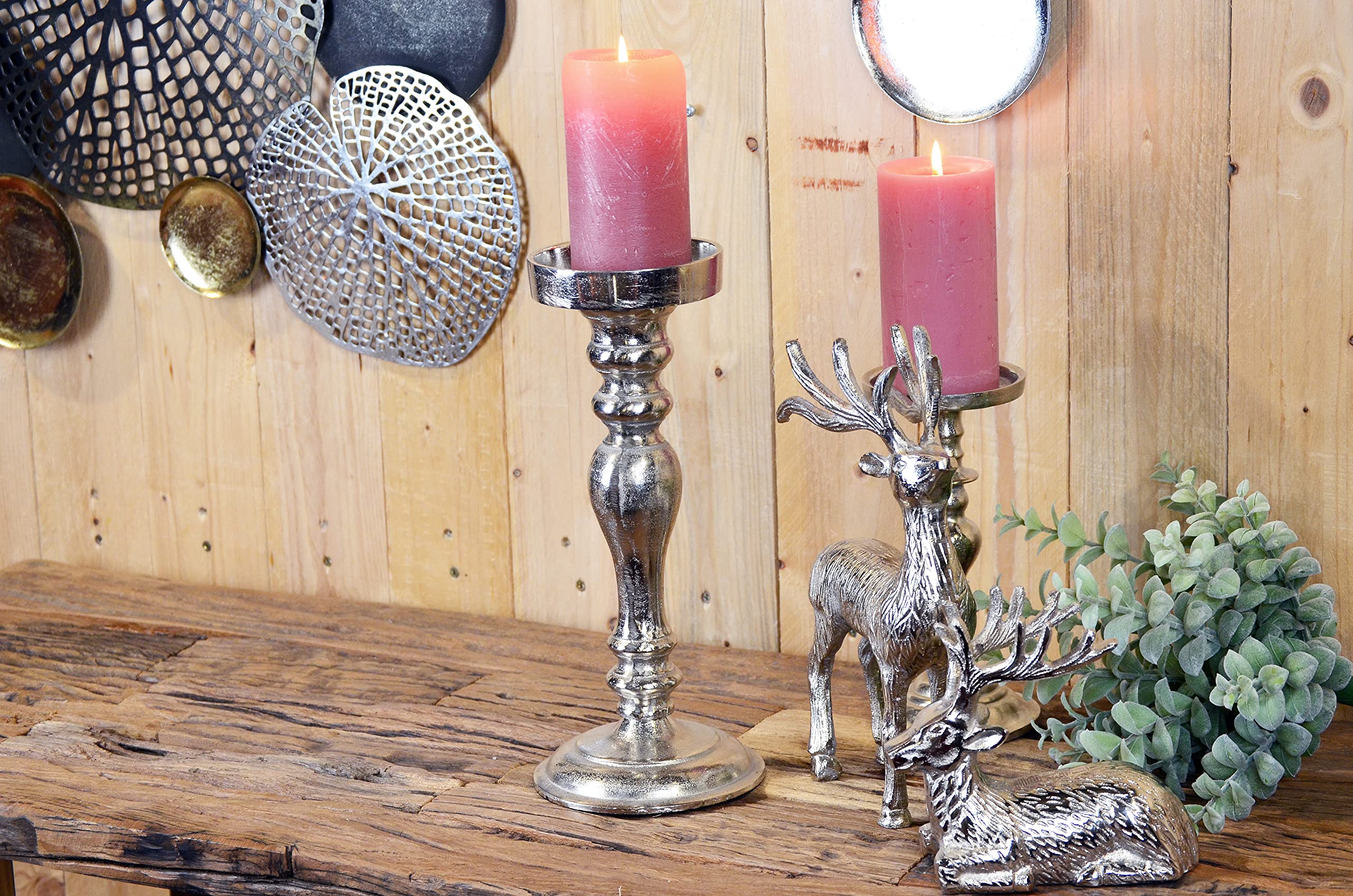 MichaelNoll Hirsch 2er Set - Stehend & Liegend - Rentier Aluminium Metall Silber - Figur Statue Dekofigur - Deko für Wohnzimmer, Küche, Schlafzimmer - Weihnachten Winter - Hirschgeweih Dekoration