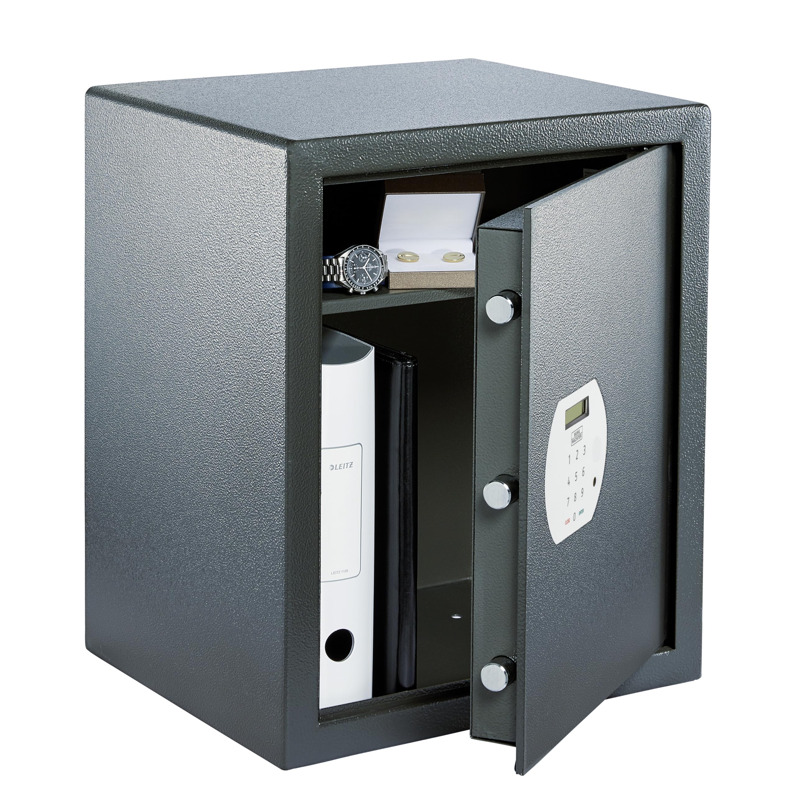 BURG-WÄCHTER Pure-Safe PS 140 E - Caja fuerte para muebles (59,8 L, 26 kg, cerradura de combinación electrónica, incluye estante, fijación a la pared y al suelo), color gris