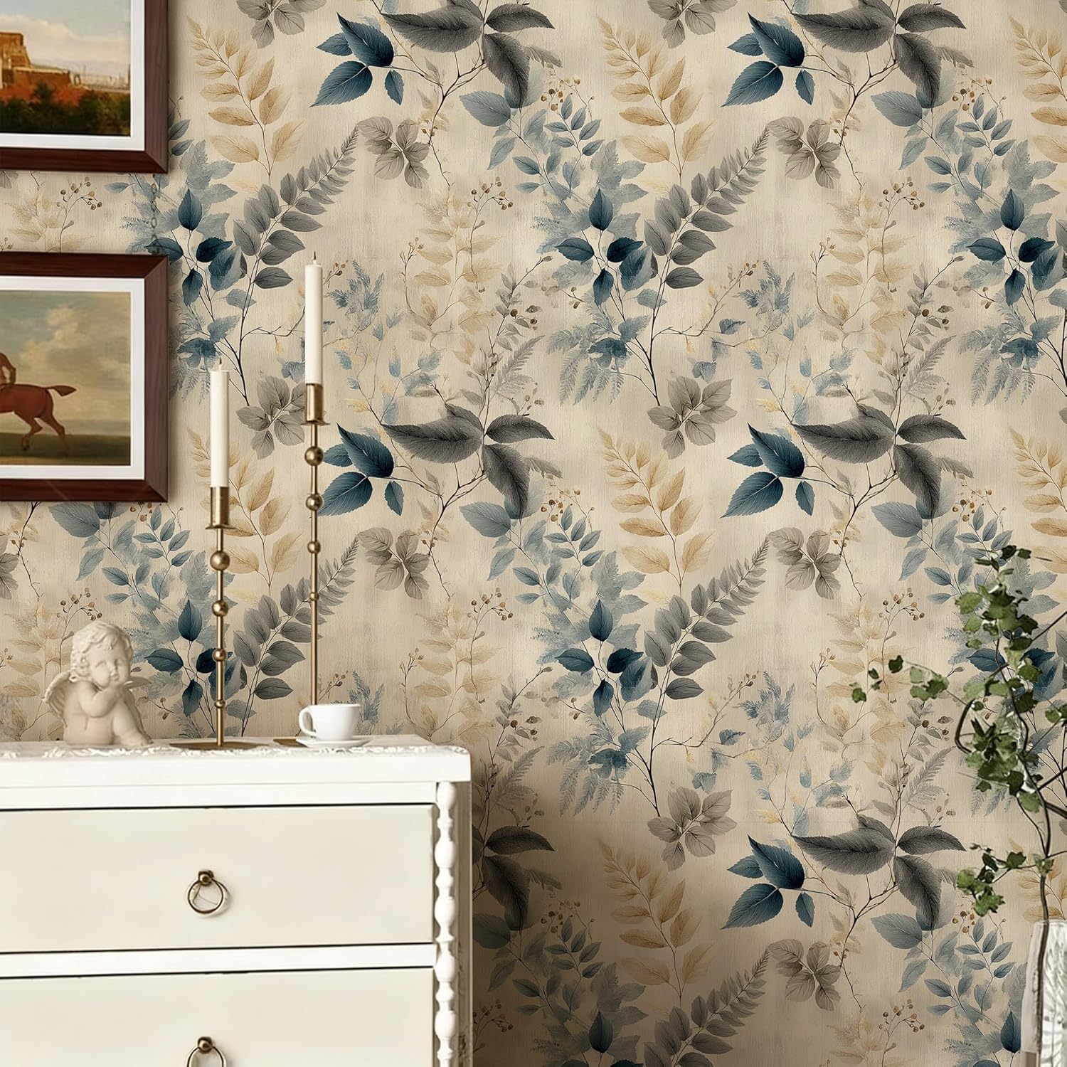 Peel and Stick Wallpaper - Soft Blue-Gray Foliage, Self-Adhesive Vinyl Removable Mural, Minimalist Elegant Botanical Wall Decor for Living Room & Bedroom, 17.7x118 Inch