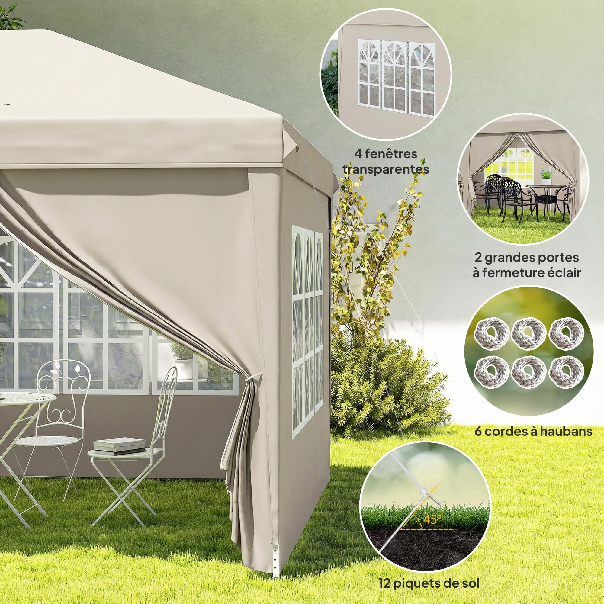 Outsunny Tonnelle de Jardin 3x6m Barnum Pliant avec Côtés Amovibles - Tente de Réception Structure en Acier Renforcée - Abri de Jardin Pop-up pour Mariage, Fête et Marché, Sac de Transport, Beige