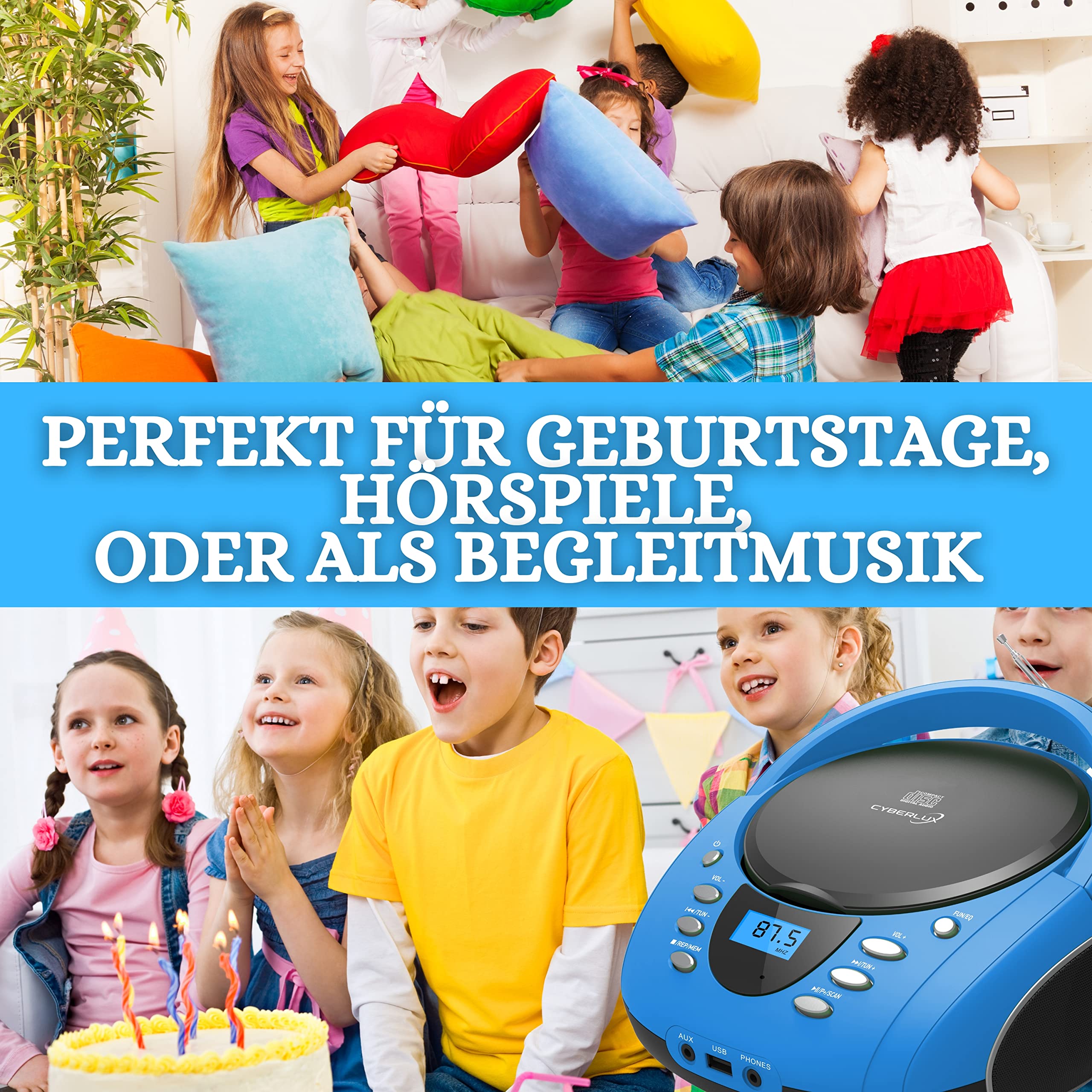 Tragbare Boombox | CD/CD-R | USB | FM Radio | Bluetooth | AUX-In | Kopfhöreranschluss | CD-Player | Kinder Radio | CD-Radio | Stereoanlage | Kompaktanlage