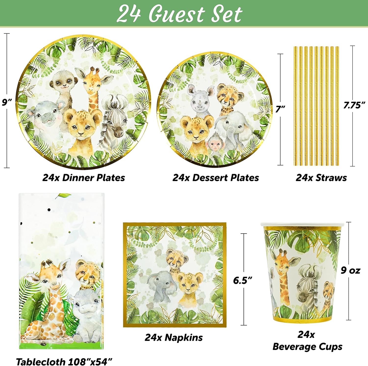 121Pc Jungle Safari Theme Baby Shower Decorations, Birthday Party Supplies For Boy And Girl, Tablecloth, Paper Plates Napkins Straws, Cups of Wild Animal Elephant Lion Giraffe Tableware Set, Serves 24