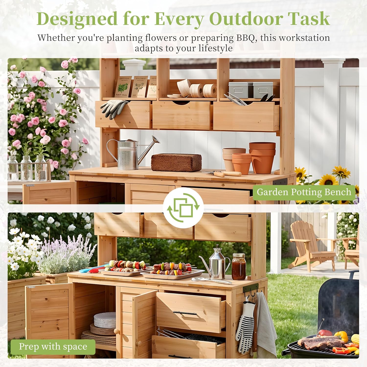 Farmhouse Potting Bench with 6 Drawers and Bottom Cabinet, 44.6''x19.5'' Freestanding Wood Garden Potting Table with Hutch, Multi-Functional Outdoor Workstation for Patio & Deck (Natural)