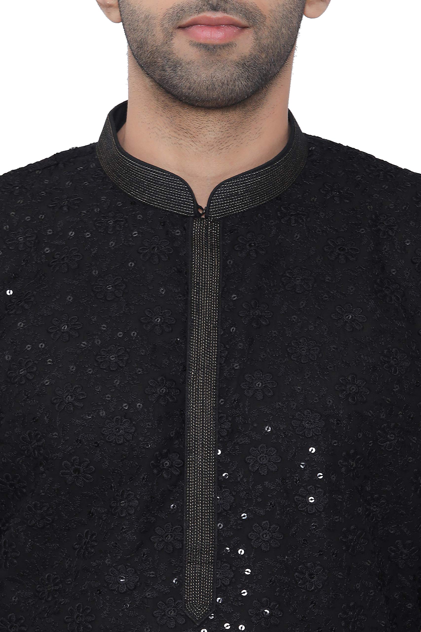 Manyavar Embroidered Knee Long Full Sleeves Kurta and Churidar Set for Men - (Black, Large) (SOSK452) 4
