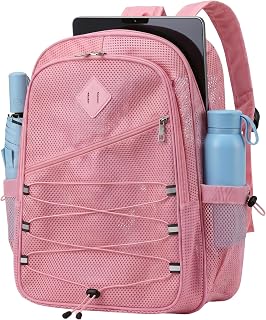 Mesh Backpack for Women,Lightweight Breathable Casual Daypackwith Multiple Pockets, 15 Inch LaptopCompartment, 27L Adjustable StrapBackpack for Teen Girls Work Travel GymSports-pink