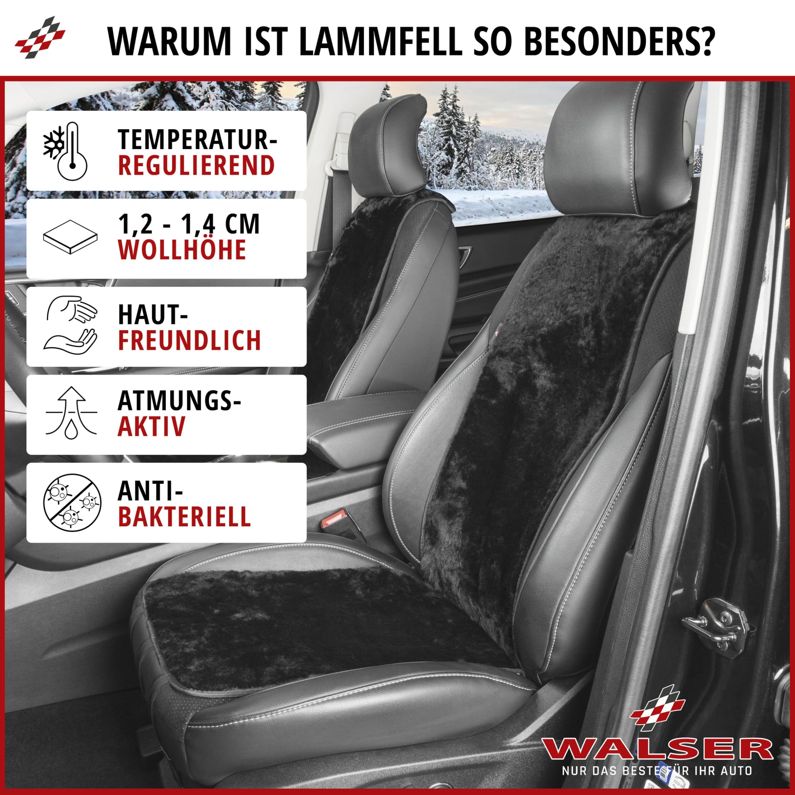 Walser Cosmo nakładka na fotel samochodowy ze skóry jagnięcej, 100% skóra jagnięca, nakładka na fotel samochodowy, kolor czarny
