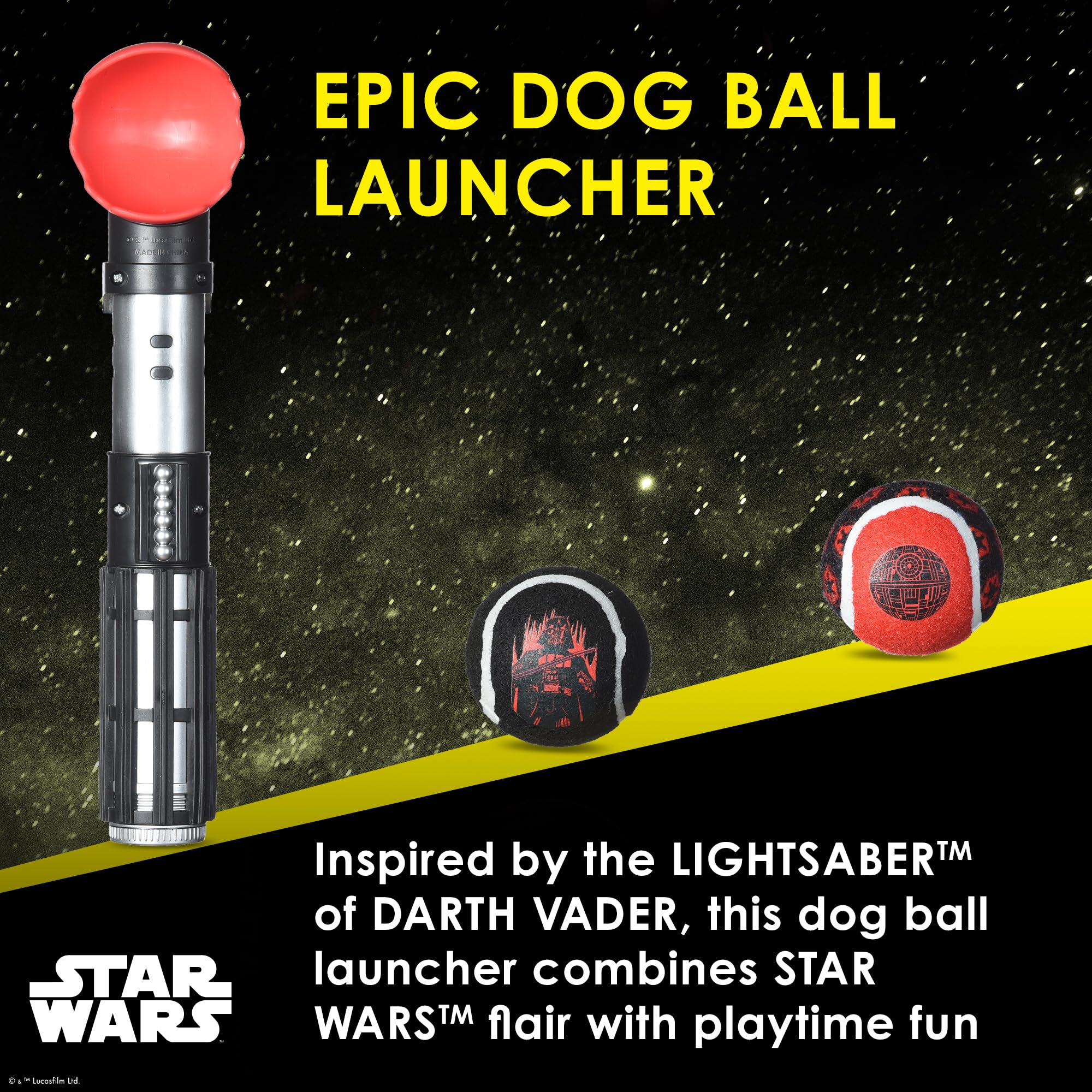 Star Wars for Pets Lichtschwert Ballwerfer für Hunde - Darth Vader Themed einziehbarer Hundeballwerfer mit Tennisbällen, startet bis zu 45 m