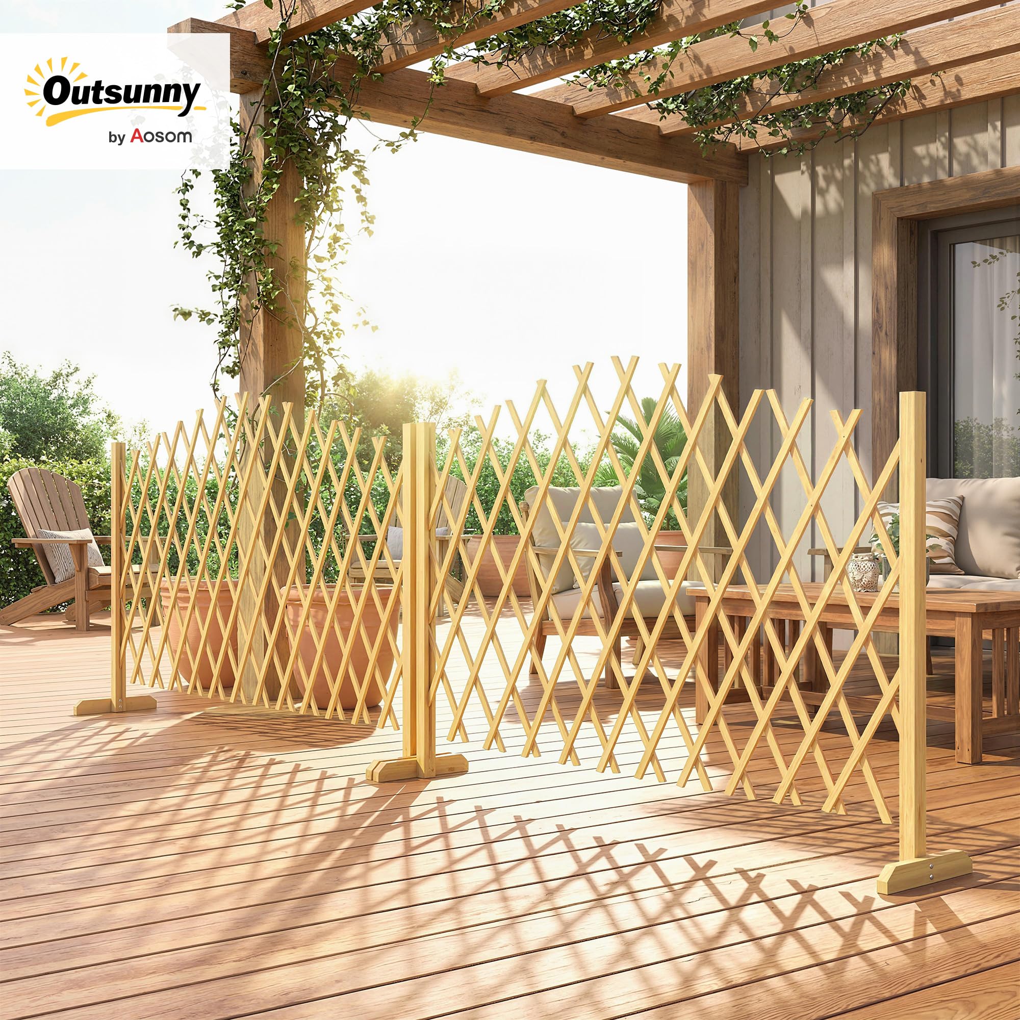 Outsunny Set de 2 Paneles de Vallas de Jardín Exterior de Madera, Puertas de Jardín Exterior Extensibles, Vallas de Jardín para Decoración Terraza, Patio, 180x30x103 cm, Natural