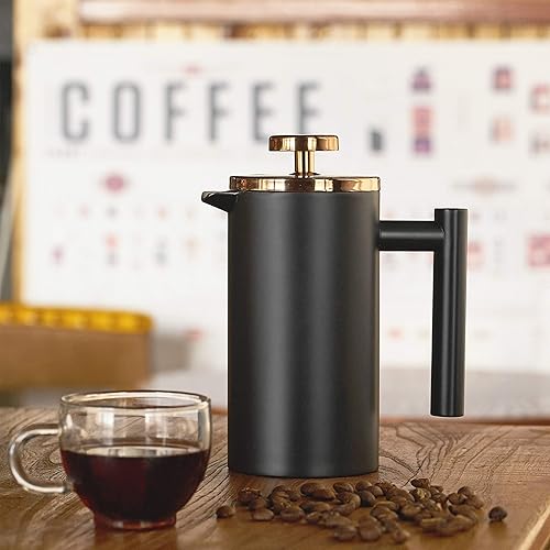 Miniatura 7 de Meelio Cafetera de prensa francesa negra de 12 onzas, prensa de café aislada de doble pared de acero inoxidable con tapa de metal oro rosa, incluye