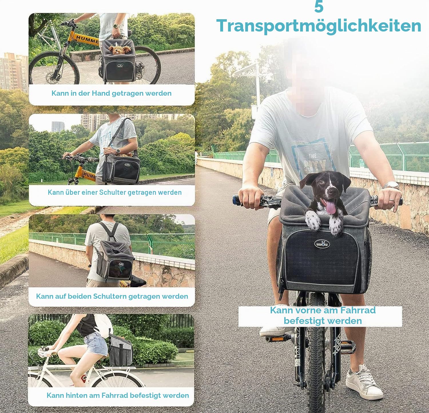 Wakytu Hunde Fahrradkorb Transporteur, Pet Bicycle Carrier Backpack für Fahrradtouren, reflektierende Streifen, Zwei Seitentaschen, Fahrrad Transportbox für Hundereisen mit kleinen Hunden