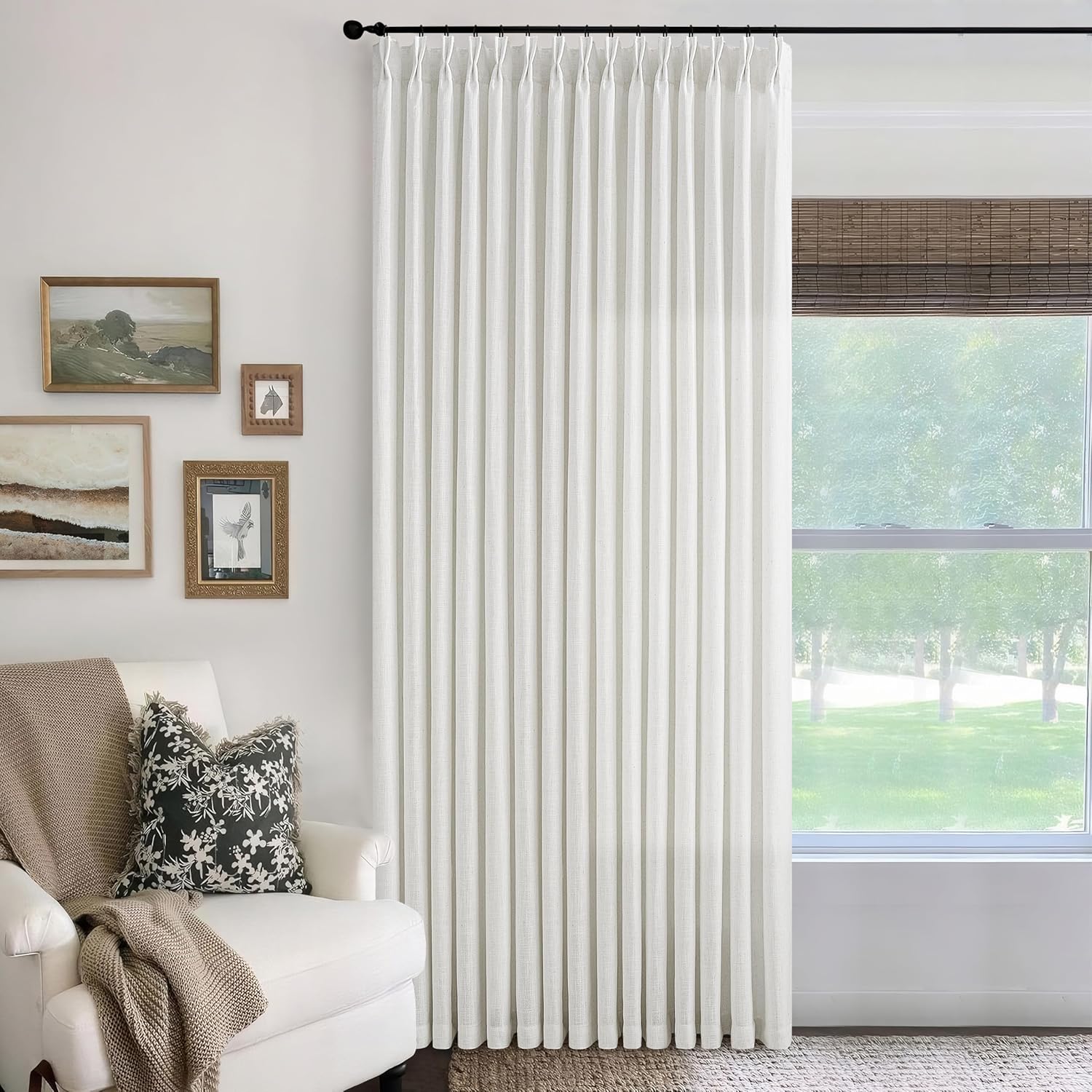 Extra Wide 100 Inch Wide Ivory White Pinch Pleated Linen Curtains 84 Inches Long for Patio Sliding Glass Door 100 Inch Width Pleated Drapes with Hooks Rings 100x84 Curtain for Living Room 1 Panel Beige White 100"W x 84"L (Pack of 1)