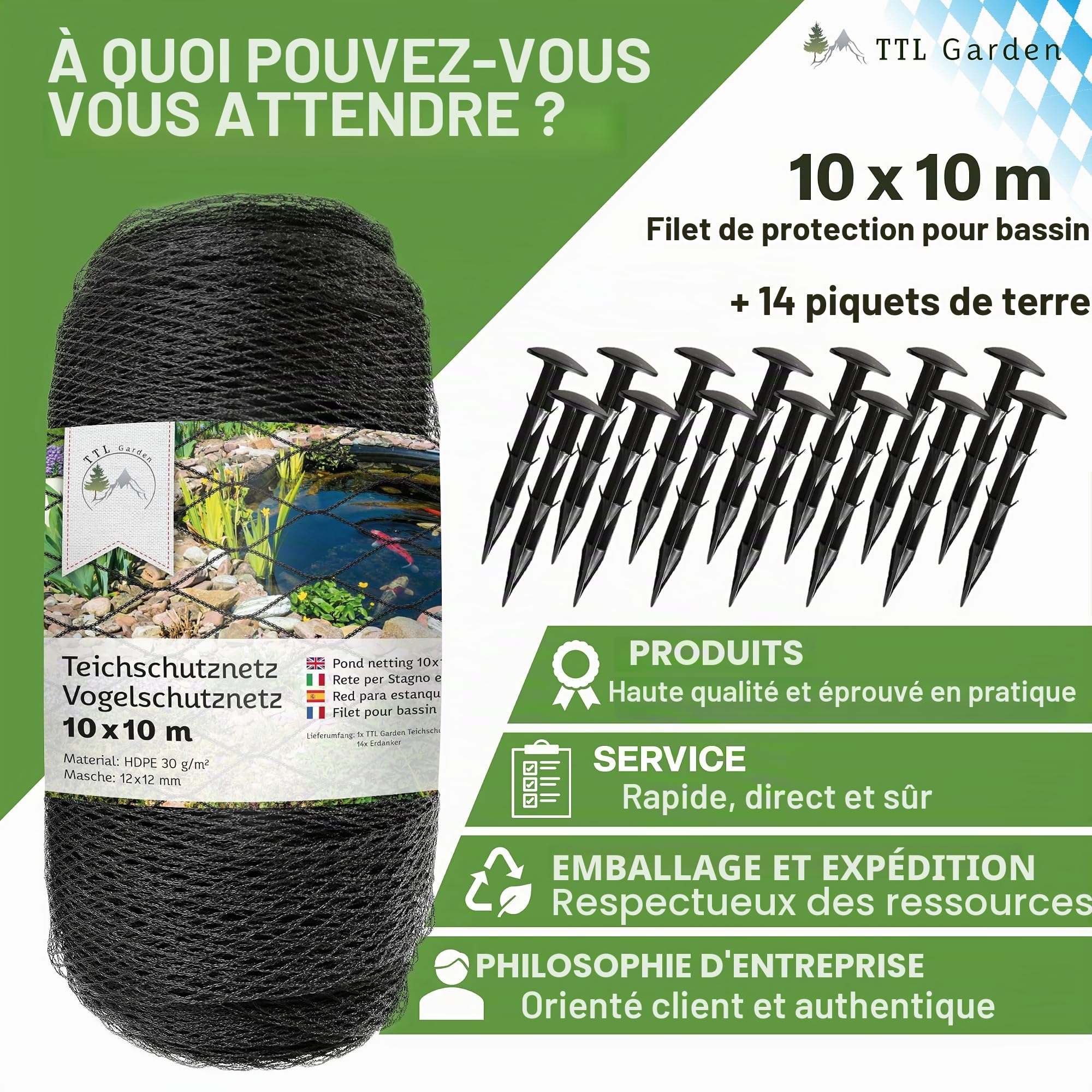 TTL Garden - Filet de protection contre les oiseaux - 10 x 10 m - Noir - 30 g/m² - Maille fine - En polyéthylène haute densité - Filet de piscine pour arbres fruitiers