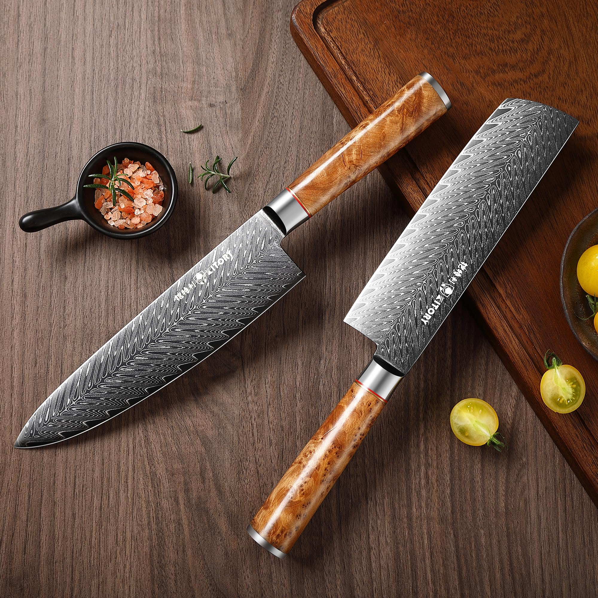 Nóż Japoński Nakiri Damasceński Kitory 18 cm Profesjonalny Nóż Kuchenny z 73-warstwowej Stali Damasceńskiej 10Cr15CoMoV z Rękojeścią z Drewna White Shadow (Biały Cień) - Seria Pro Damast