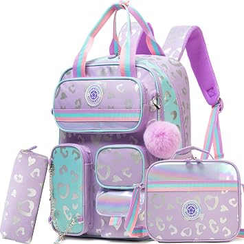 Cute Cat School Backpacks for Girls Backpack with Lunch Bag for Elmentary Students Kids Travel Bookbag for Girls Age 6-12 Purple