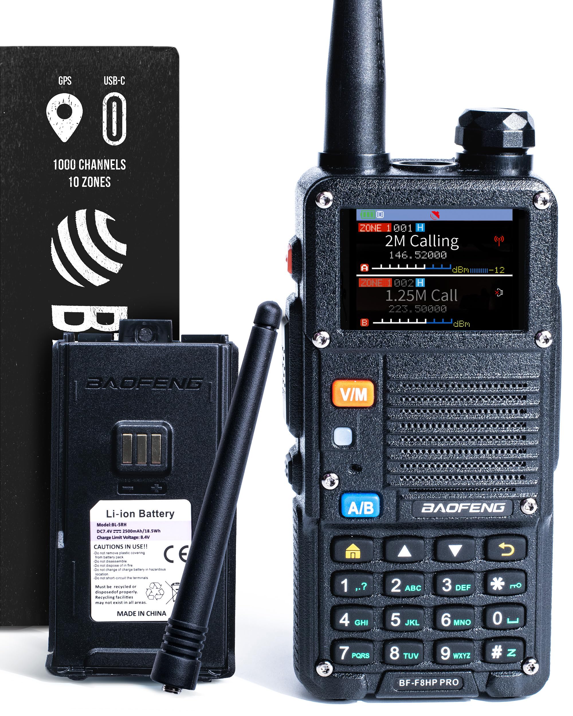 BF-F8HP PRO 10 W Tri-Band Two-Way Radio – UV-5R 7th Gen, 1000 Channels, GPS & NOAA Weather, Aviation/VHF/UHF/1.25 m Scanner, IP54 Rugged, USB-C Rechargeable Battery