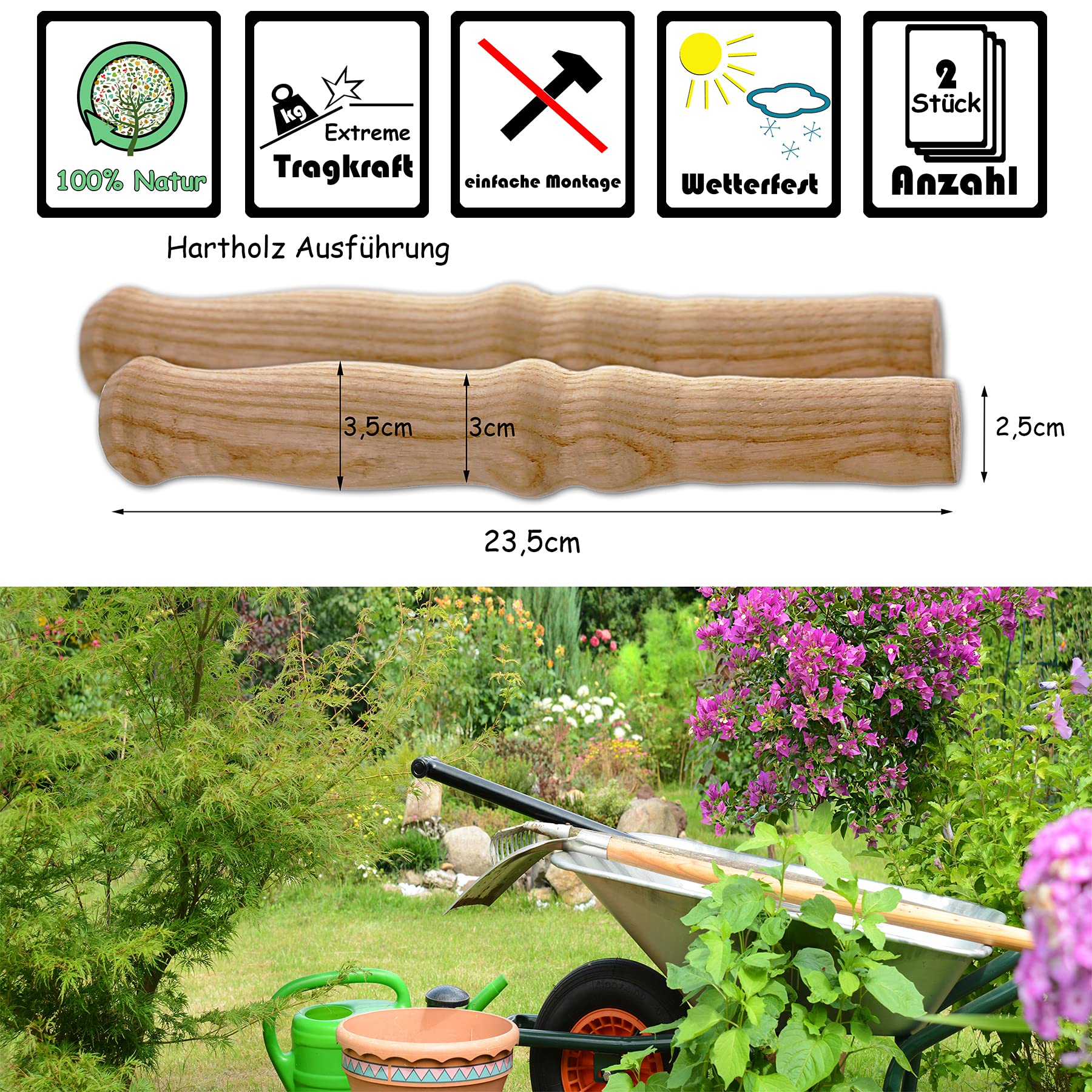 BigDean 2 XXL Holzgriffe für Schiebkarre/Schubkarre ca. 23,5 cm lang 2,5 cm Durchmesser - Hochwertig, flexibel, bereichernd - Ideal für Fast Jede Schubkarre/Sackkarre