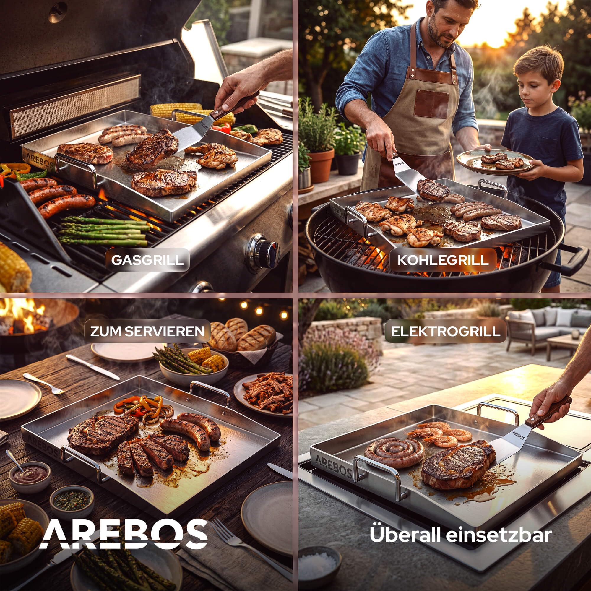 Arebos Plancha Grillplatte Edelstahl 40x30 cm | für Gasgrill, Holzkohlegrill & Camping | 4 mm massiv | 800 °C | LFGB | Fettablauf | 2 Grillspachtel & 5 Spieße | spülmaschinengeeignet