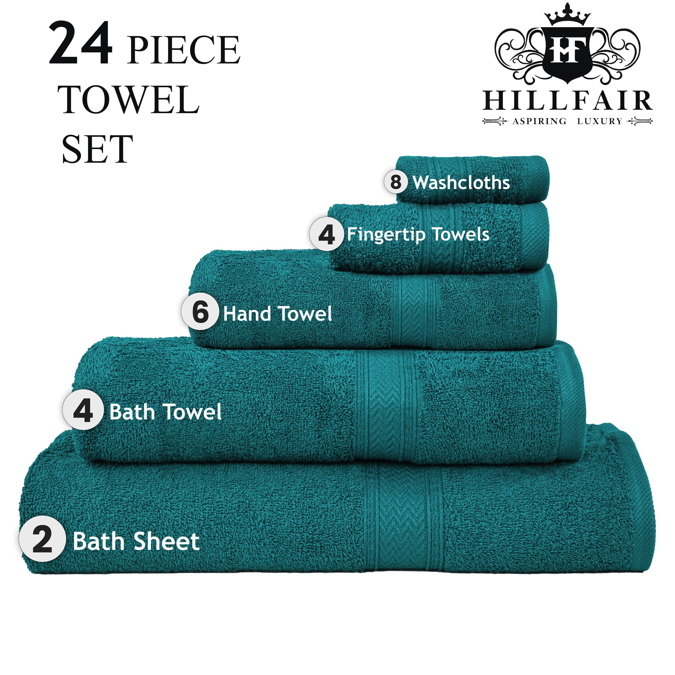 HILLFAIR Juego de Toallas de baño de 24 Piezas para baño, 100% algodón, 24 Piezas, Juego de Toallas de SPA para Hotel, 2 Toallas Grandes XXL de Gran tamaño, 4 Toallas de baño, 6 Toallas de Mano, 4