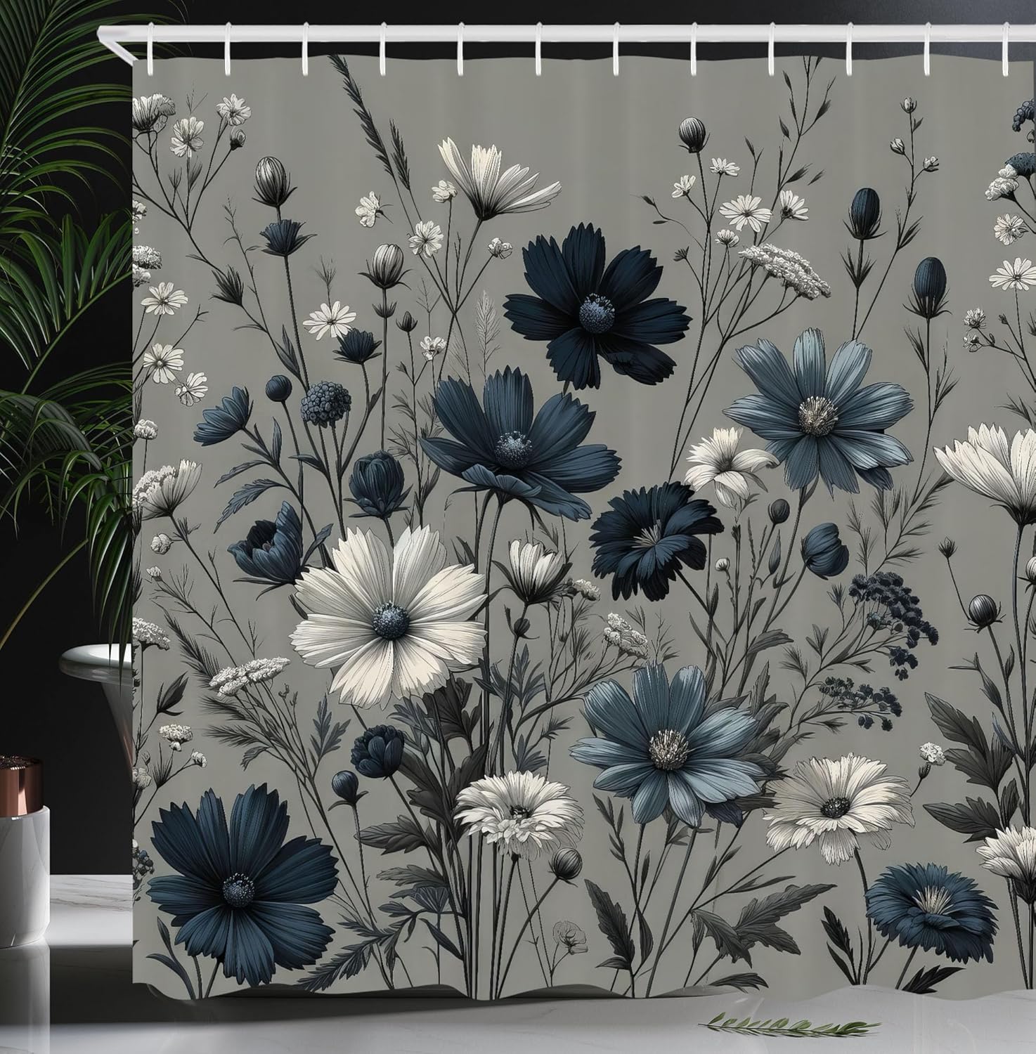 Ambesonne Navy Blue Shower Curtain, Spring Night Cottagecore Vintage Style Floral Arrange Wildflowers, Cloth Fabric Bathroom Decor Set with Hooks, 69" W x 84" L, Coconut Dark Petrol Blue