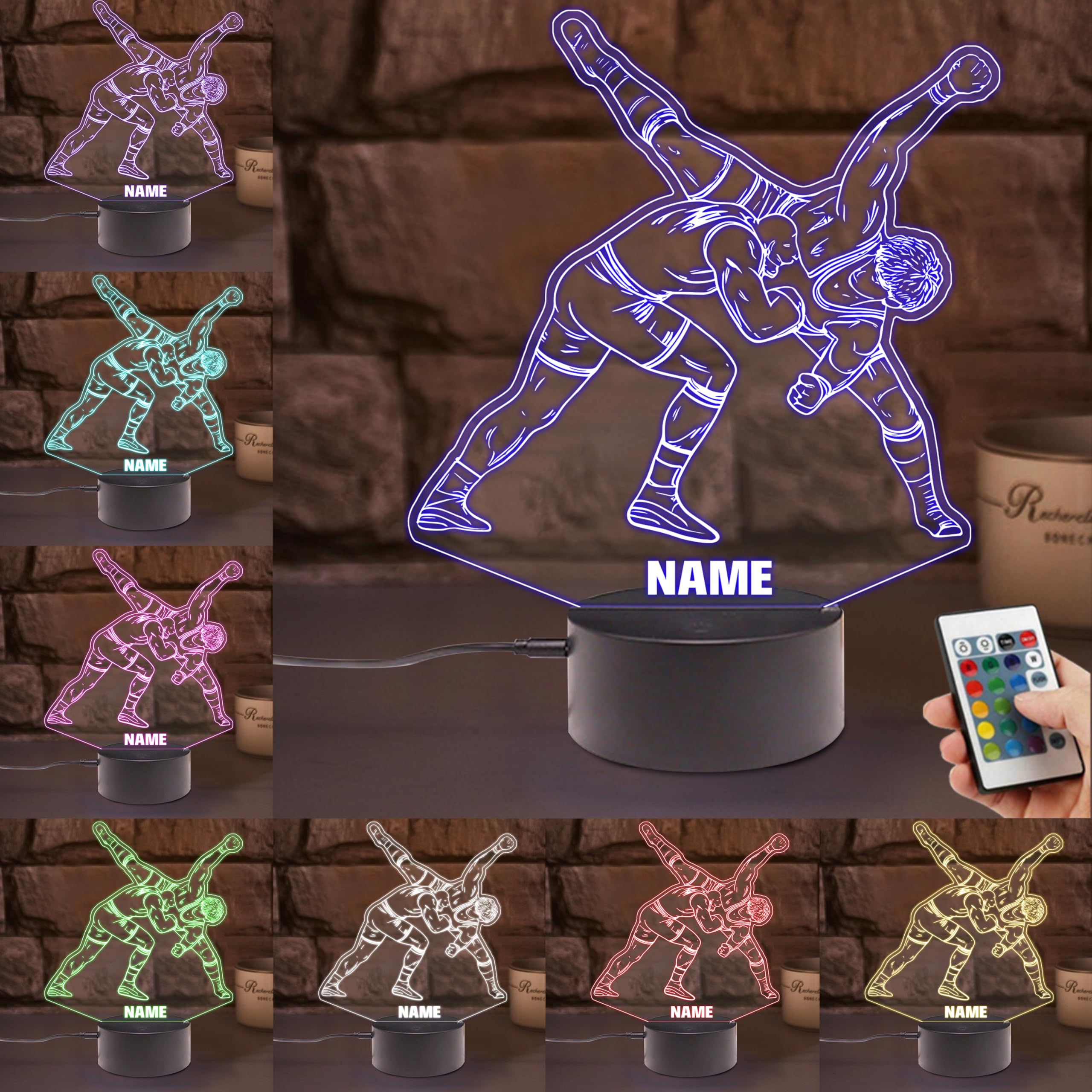 KKIIOEXX Personalized Wrestling Night Light,Custom Illusion Lamp with 16 Colors Remote,Decor for Kids Room,Wrestling Gifts for Wrestler Boys Girls