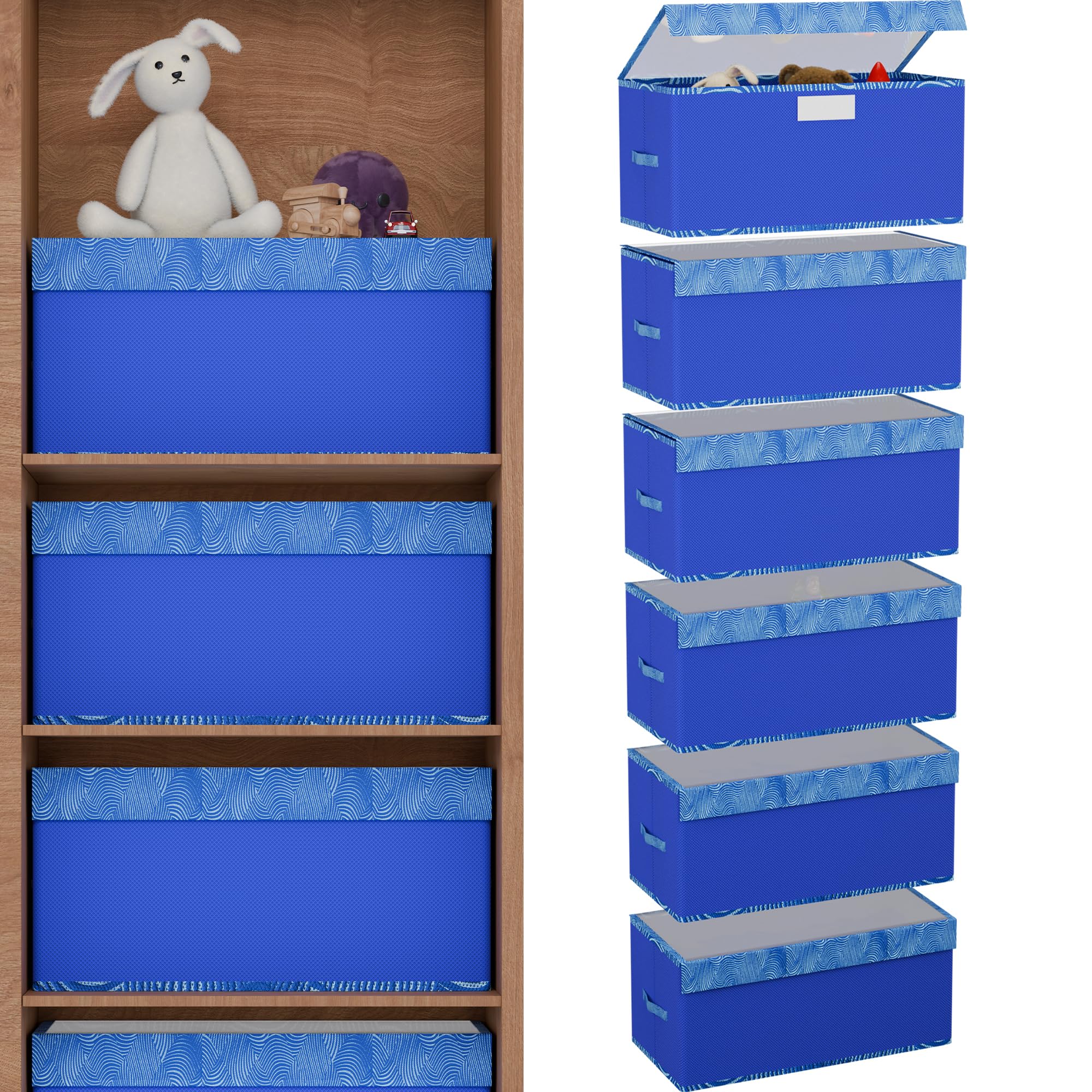 Kuber Industries 6 Pcs Storage Box with Transparent Lid | Closet Organizers for Toys & Book Storage | Foldable Almirah Dress Organizer | Cupboard/Wardrobe Organiser | Large - Zig Zag | Blue