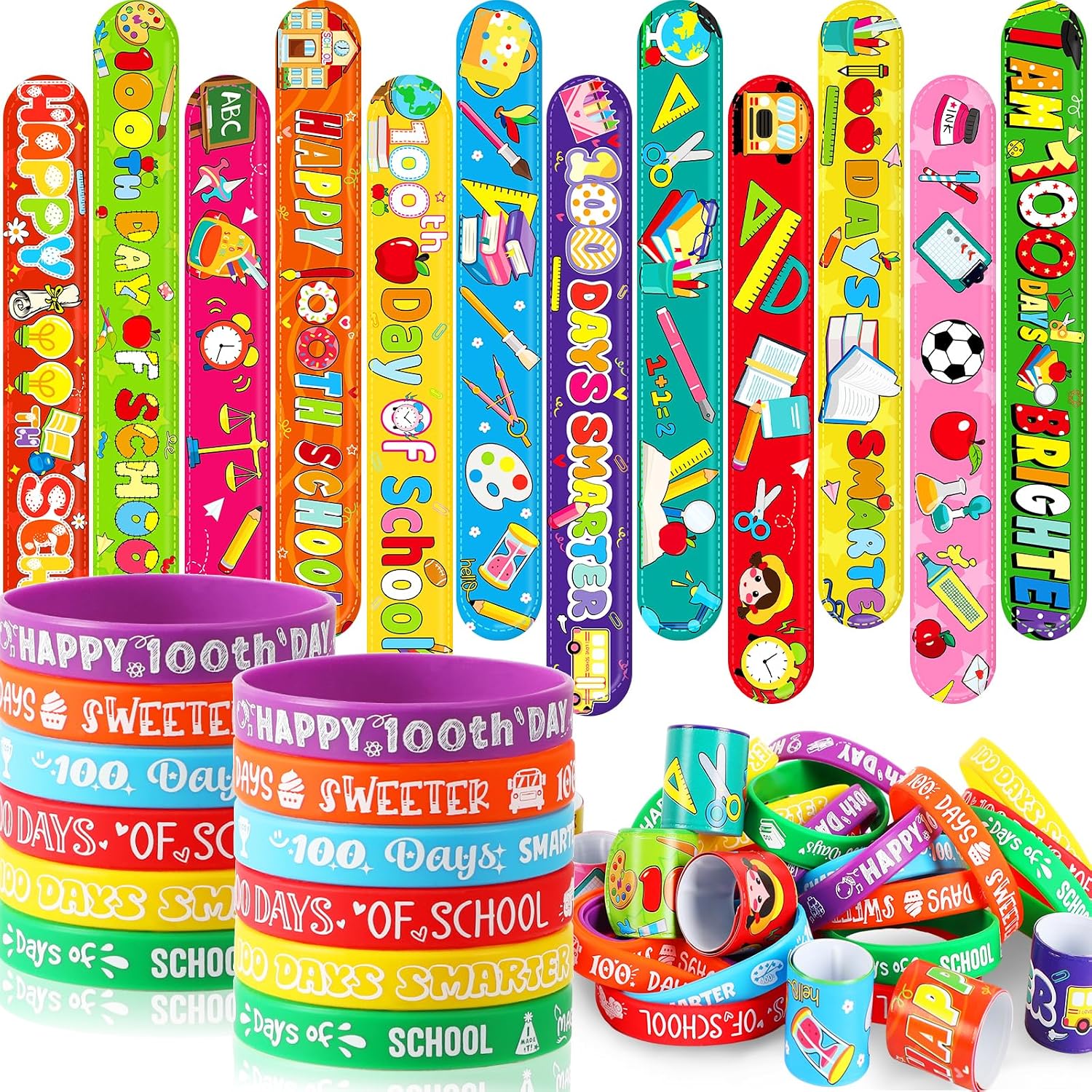 JUNEBRUSHS 50 Pcs 100 Days of School Silicone Slap Bracelets Party Favors