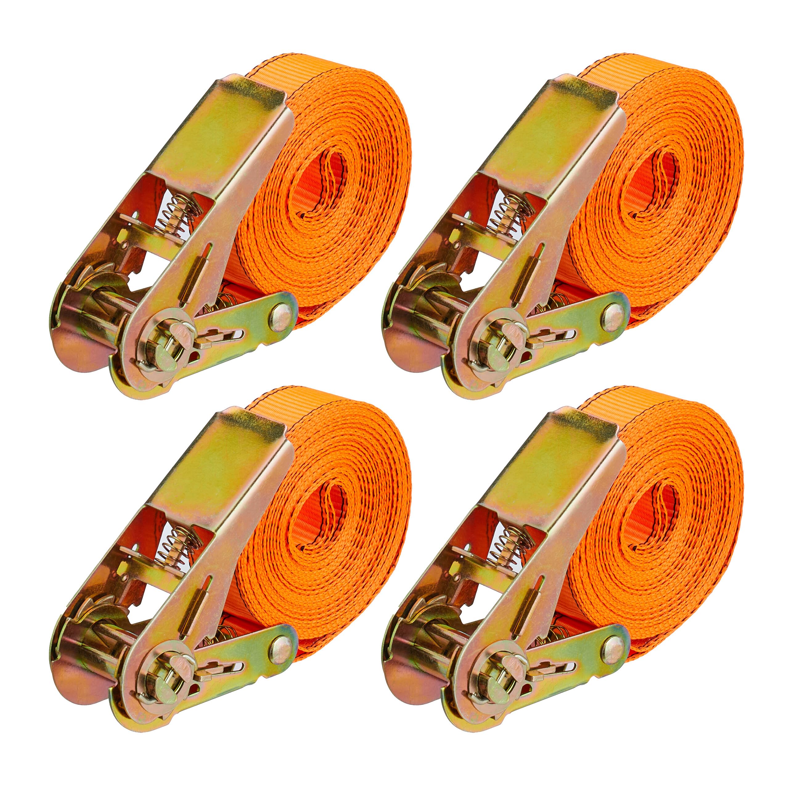 Relaxdays Ratchet Straps, Set of 4, 6 m, Load Securing for Car & Trailer, 500 kg, for Lashing, Cargo Tie Downs, Orange, 20% steel 80% polyester