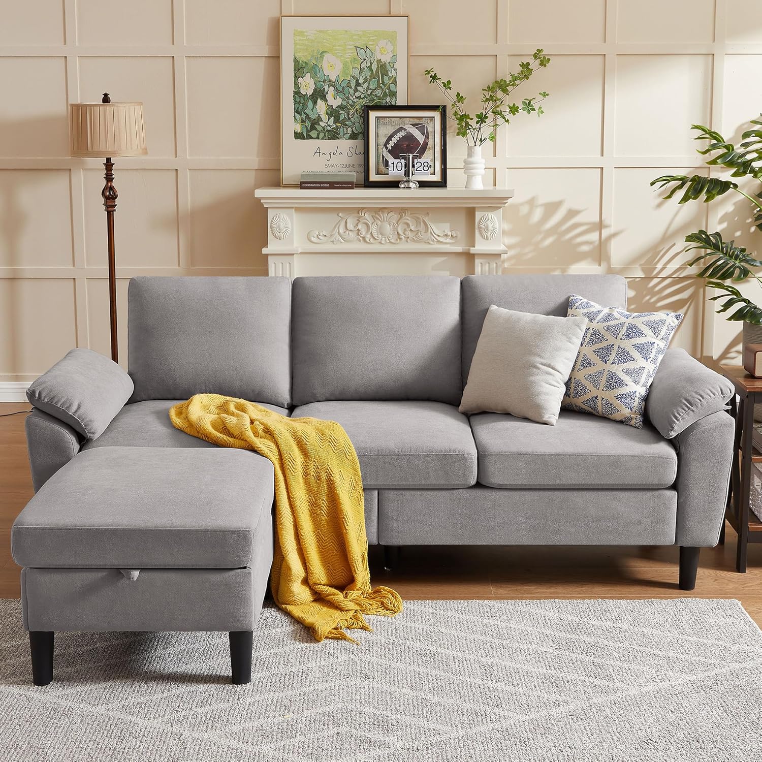80" convertible sectional sofa, small l shaped 3 seat couch with reversible storage chaise, modern polyester fabric sofa couches for living room, apartment and small space, light grey lightgrey