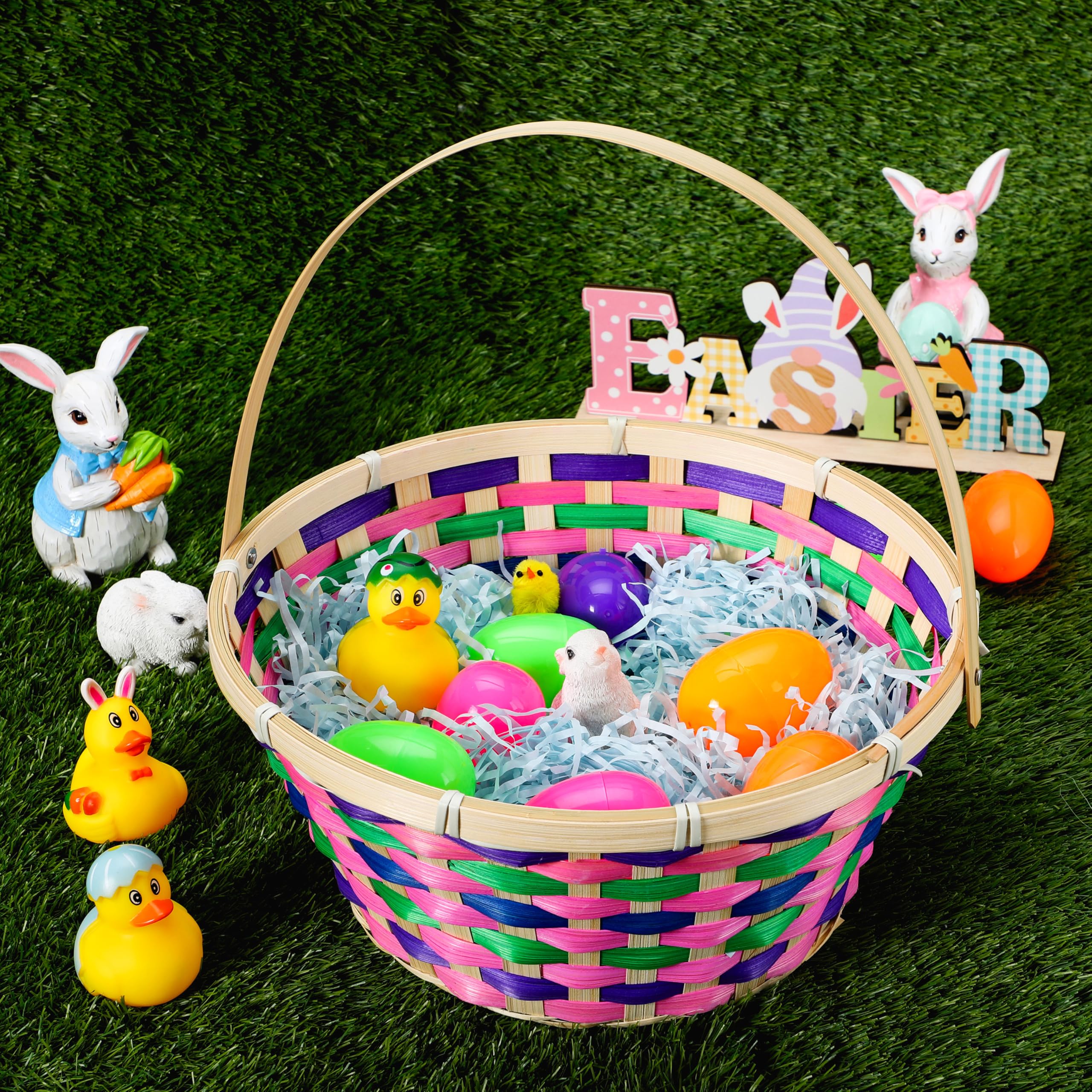 JOYIN Osterkorb, bunt, rund, gewebt, leer, Geschenkkorb mit klappbarem Griff, für Mädchen und Jungen, Ostereiersuche, Party-Leckereien