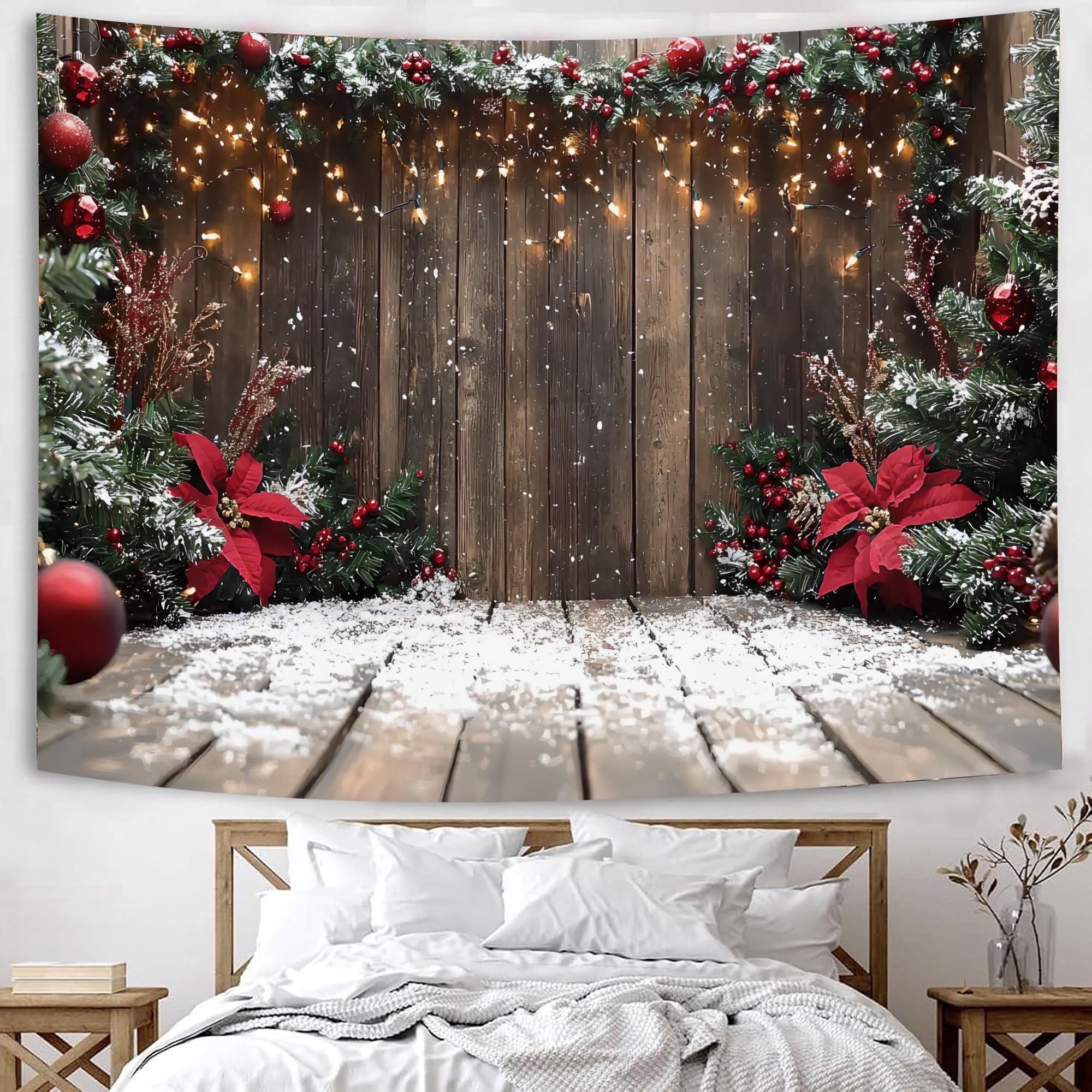 Scena invernale con camino, sfondo natalizio in tessuto, sfondo fotografico, albero di Natale innevato, foresta innevata, albero per feste, decorazione per cabine fotografiche (300 x 250 cm)