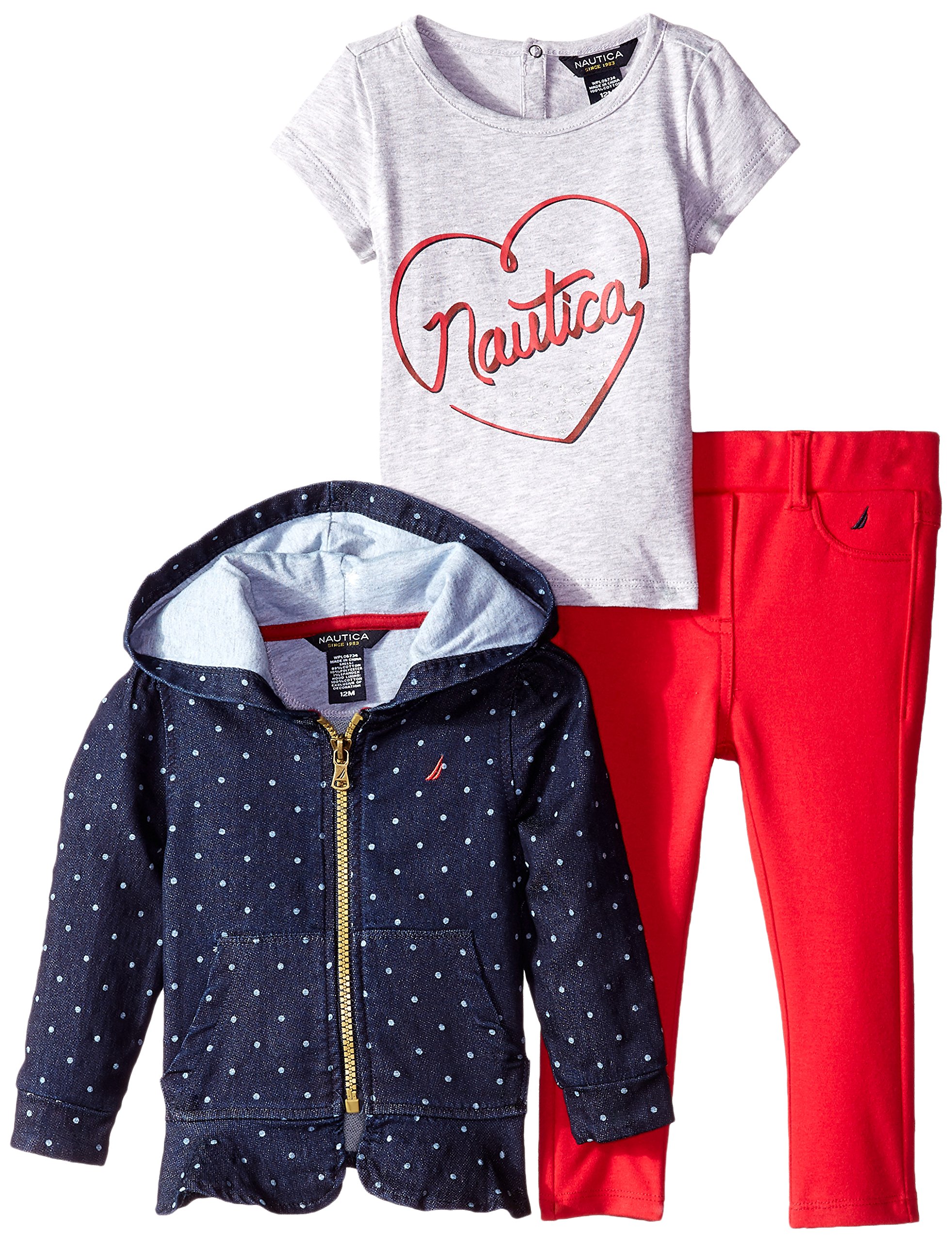 Nautica Girls' 3 Piece Set with Moto Jacket, Heart Tee and Denim Pant