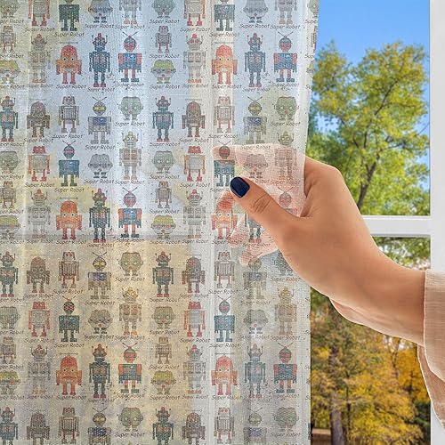 Miniatura 3 de Ambesonne Robot Tulle Curtains with Rod Pocket, Various Different Super Robot Set in Cartoon Style Fantasy Futuristic Machine, Sheer Drape for