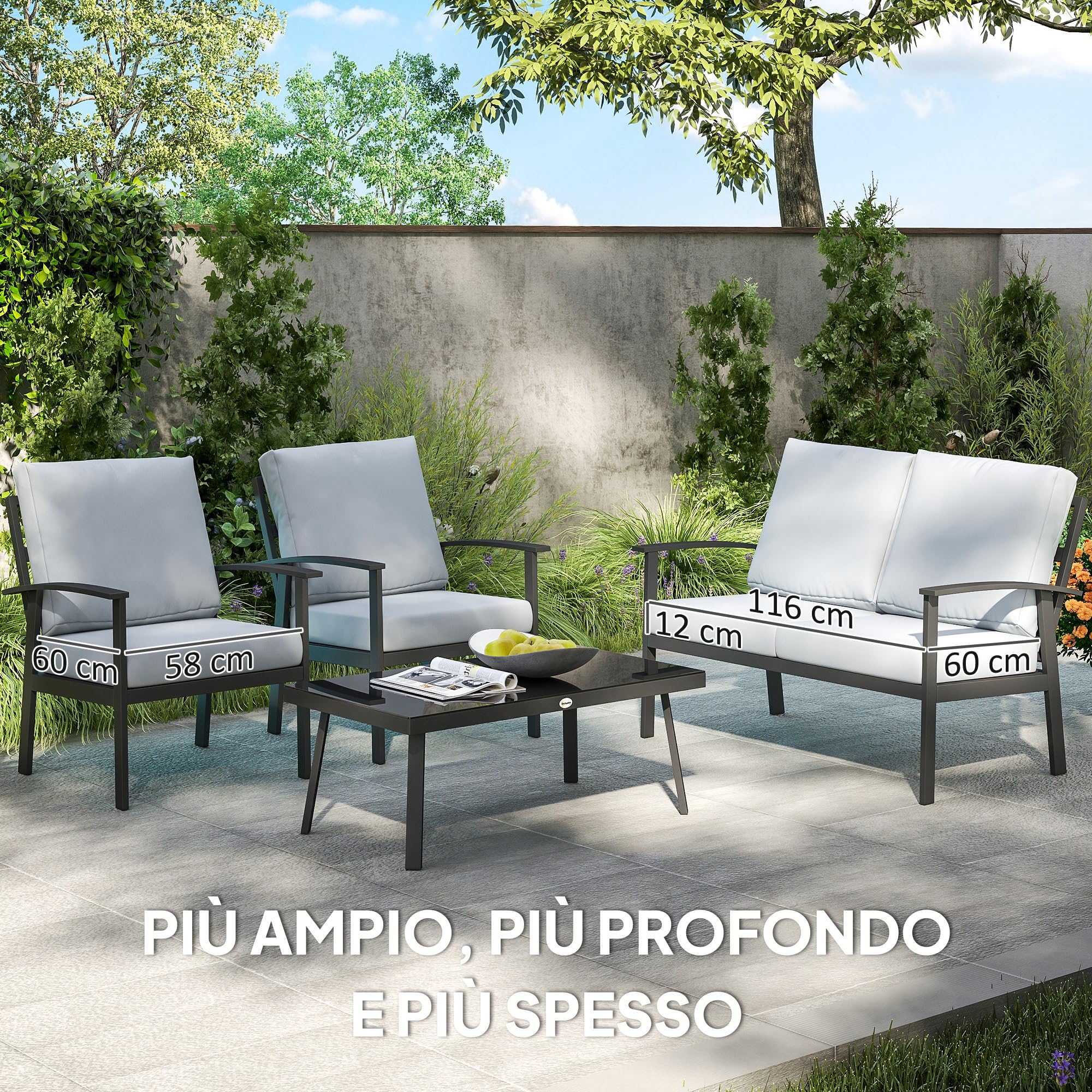 Outsunny Set Salotto da Giardino da 4 Pezzi in Alluminio, Set di Mobili con Divanetto da Esterno a 2 Posti, 2 Poltrone e Tavolo da Caffè con Piano in Vetro e Cuscini Sfoderabili, Grigio Carbone