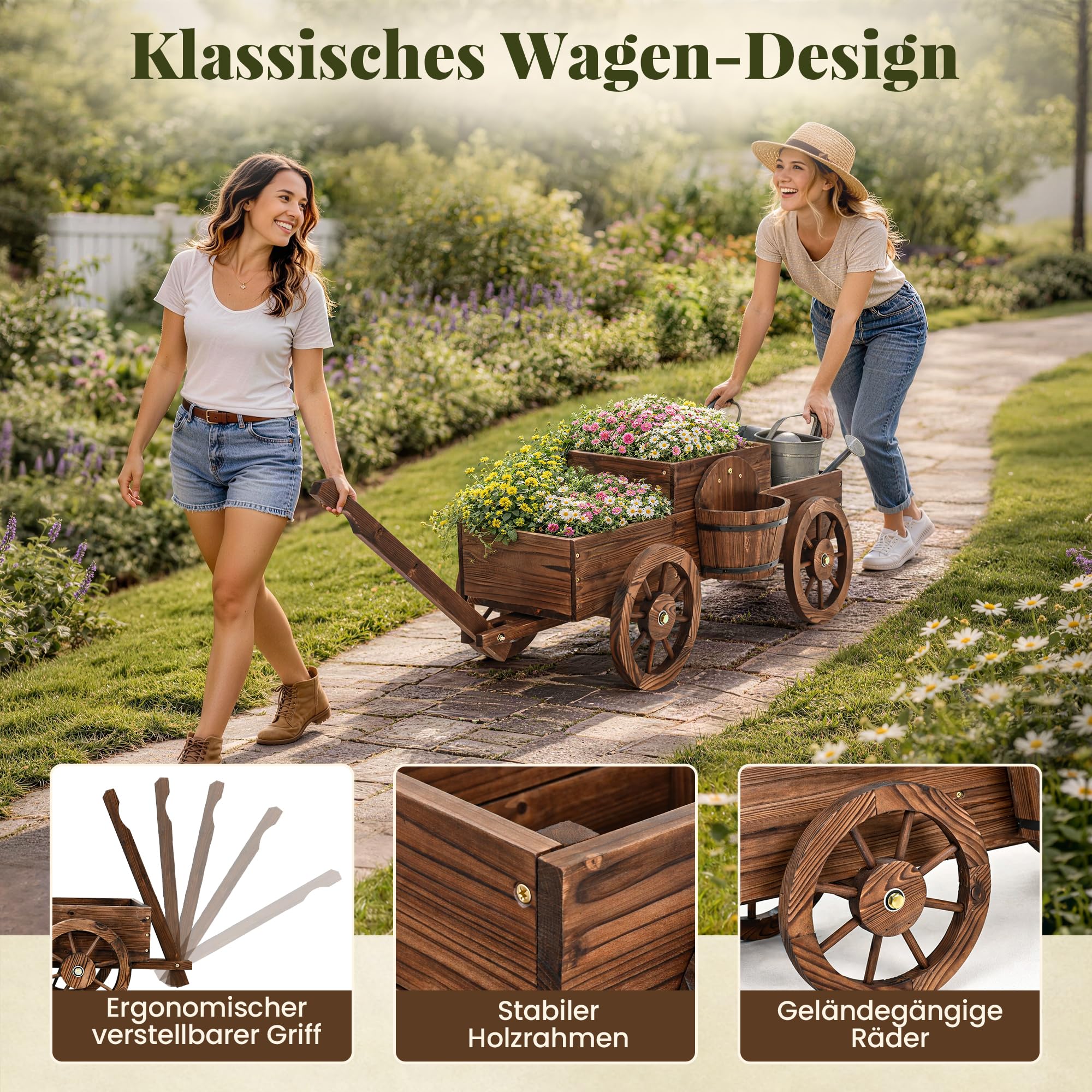 Pamapic Blumenwagen für Garten, Blumenkasten im Wagenstil mit Griff & Rädern, Pflanzkübel Holz für Gemüse, Blumen, Kräuter, Terrasse, Balkon, Innenbereich, Bollerwagen Holz, 158,5x54x41cm, Braun