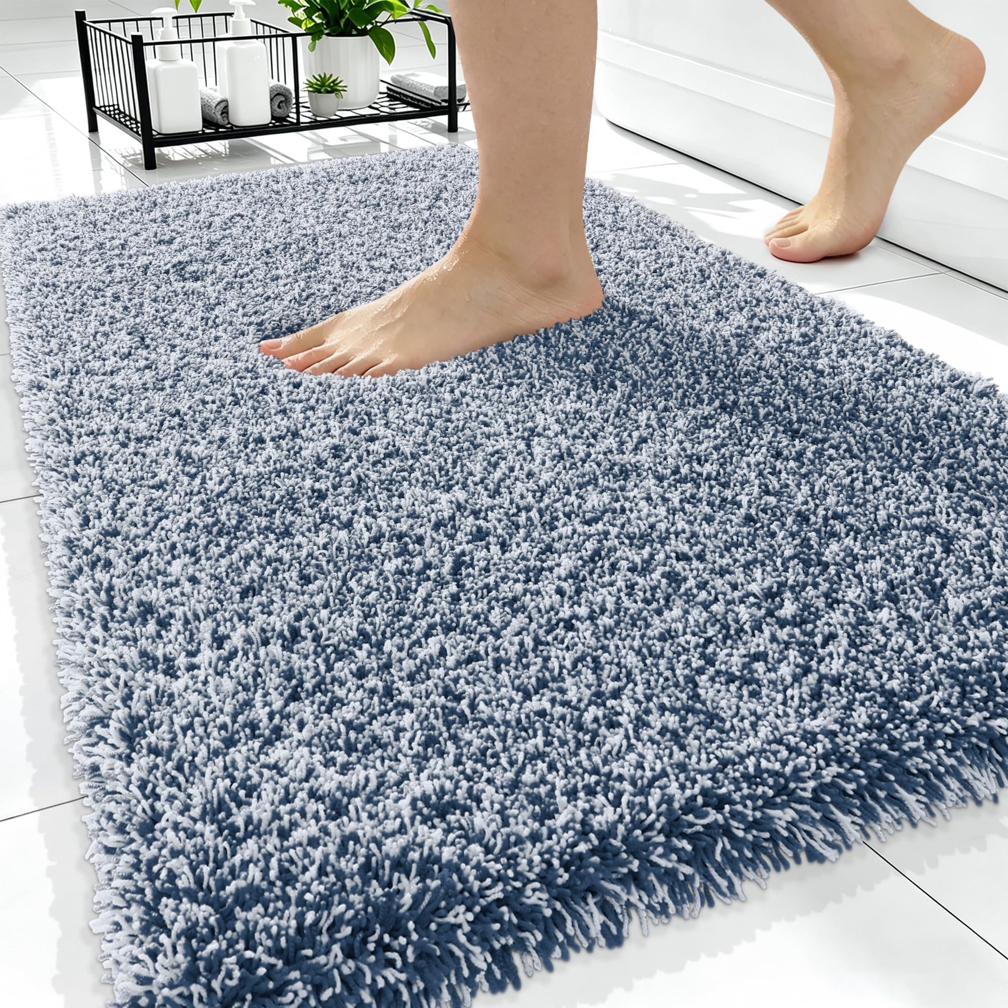 OLANLY Microfiber Bathroom Rugs 34x21, Quick Dry Bath Mat, Navy and White