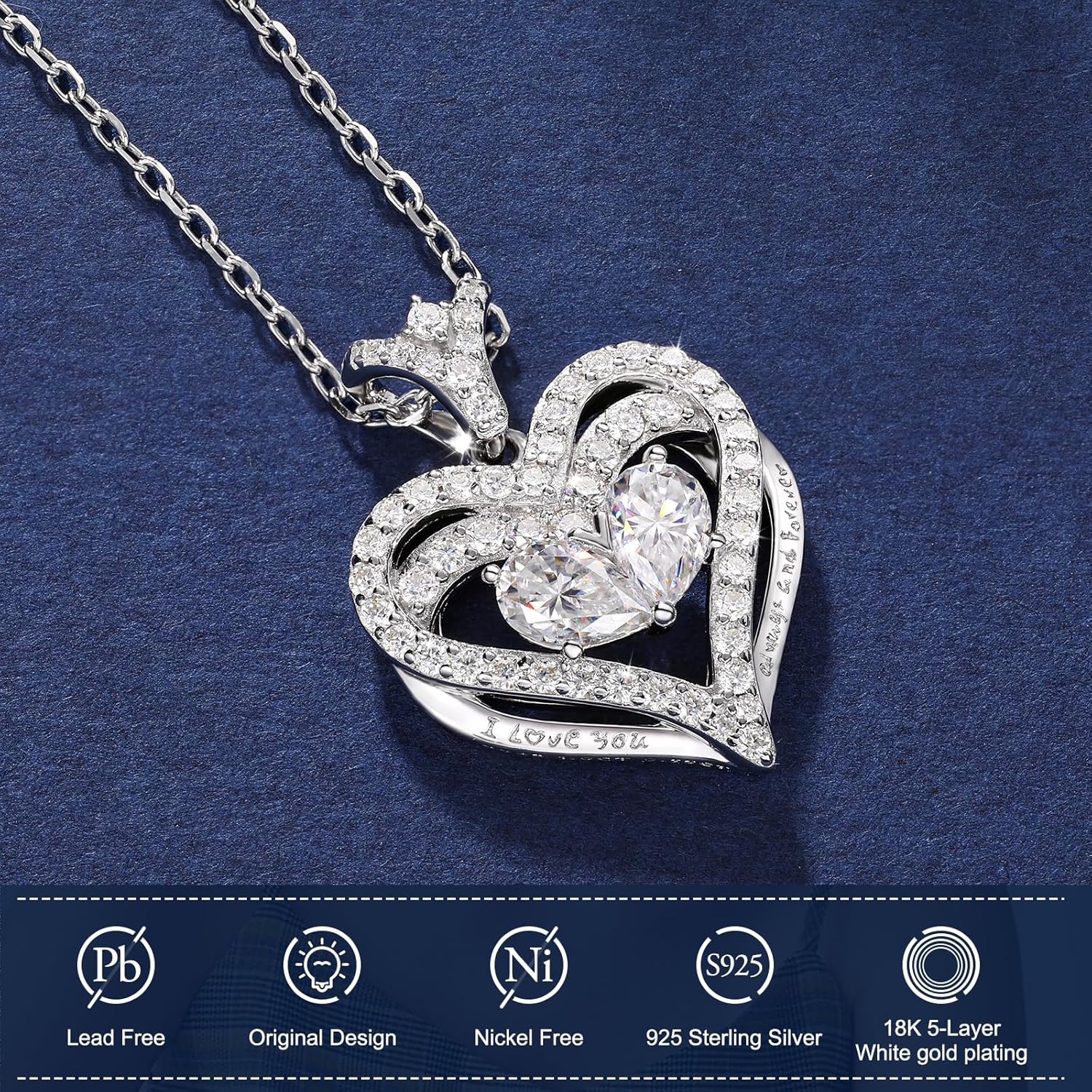 Moissanite Heart Necklace Gifts for Women, Engraved 'I LOVE YOU' Gift for Her, 18K Gold Vermeil 925 Sterling Silver Eternity Love Jewelry Gifts for Valentines, Anniversary, Birthday, Wedding - Image 2