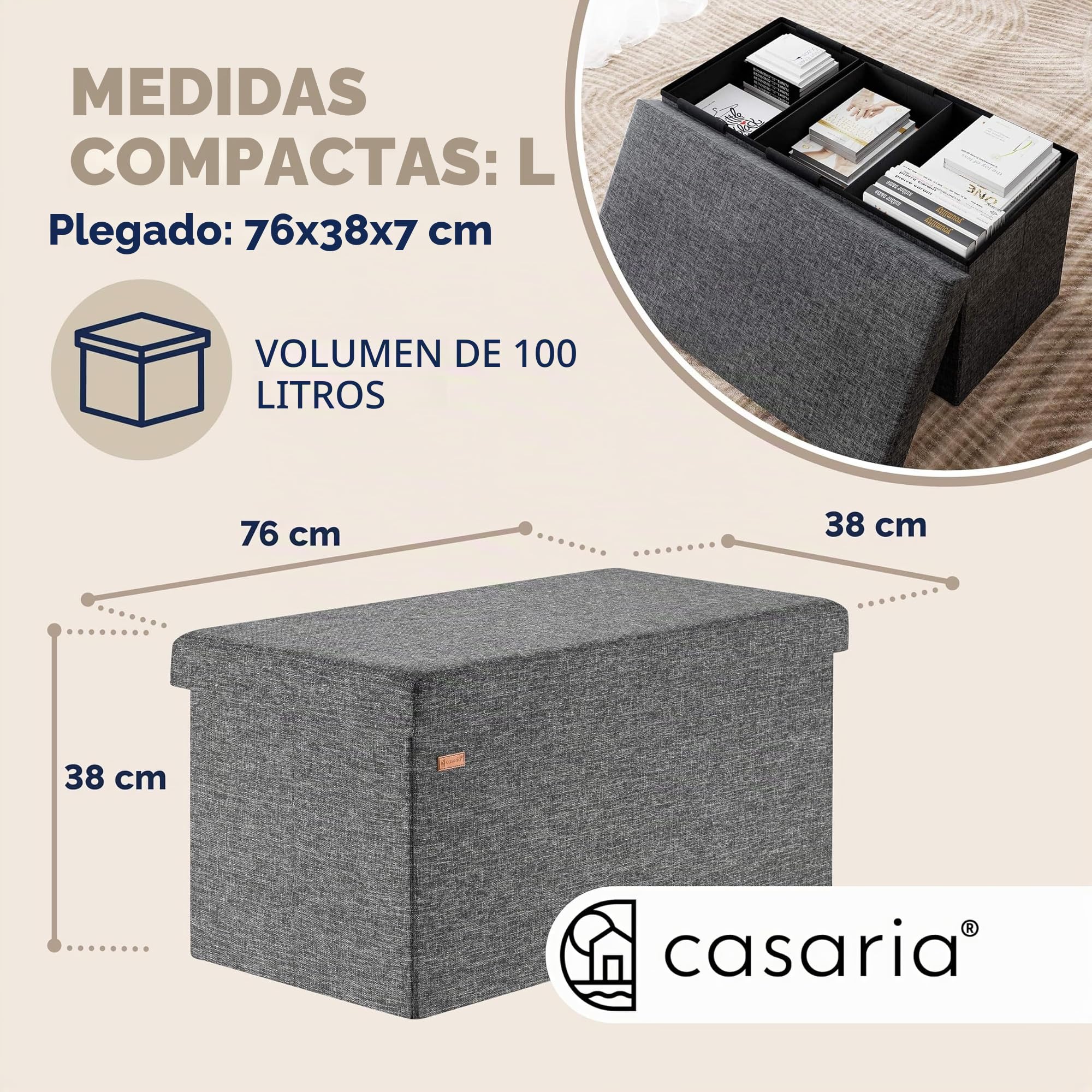 CASARIA® Banco Almacenaje Plegable Puff Reposapiés Otomana Almacenamiento Salón Dormitorio Capacidad Carga 300kg Resistente Efecto Lino 80x40x40cm Gris Oscuro