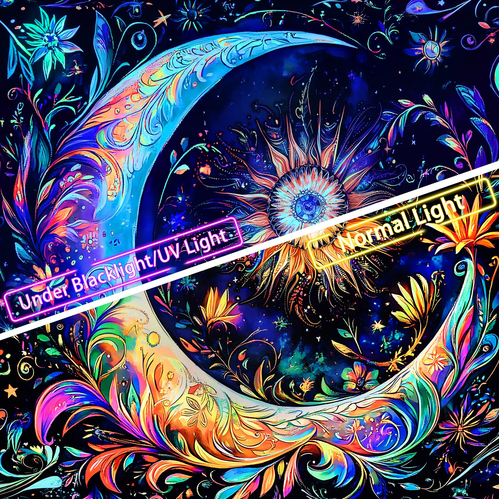 Invoibler Schwarzlicht-Wandteppich, UV-reaktiv, Mandala, Mond, Sonne, Wandkunst, Bohemian-Stil, ästhetischer Boho-Wandbehang für Schlafzimmer (180 x 235 cm)