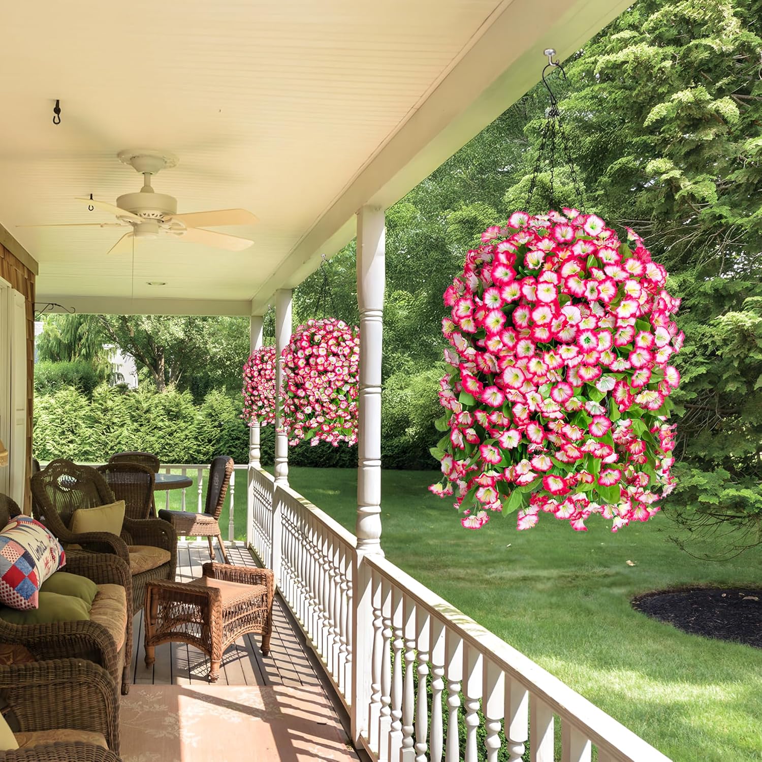 Artificial Faux Hanging Flowers Basket for Spring Summer Outdoor Porch Decor, Fake Silk Colorful Morning Glory Eucalyptus in Planter UV Resistant Look Real for Home Patio Balcony Yard(Pink) - Image 5