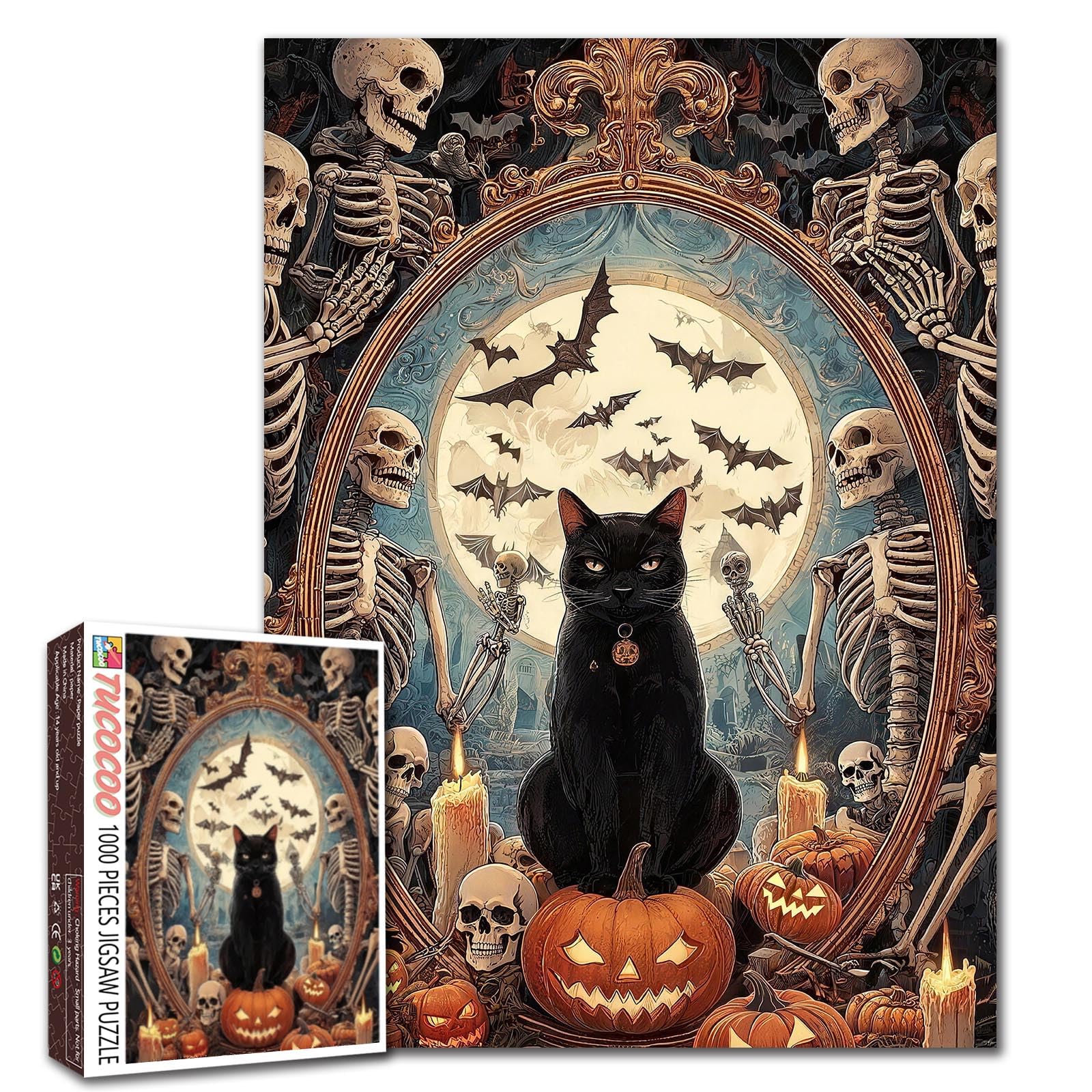 Halloween Jigsaw Puzzles 1000 Pieces for Adults, Families(gothic, black cat,skeletons) Pieces Fit Together Perfectly 19.7''x27.6''inch Frameable festival Puzzle Art