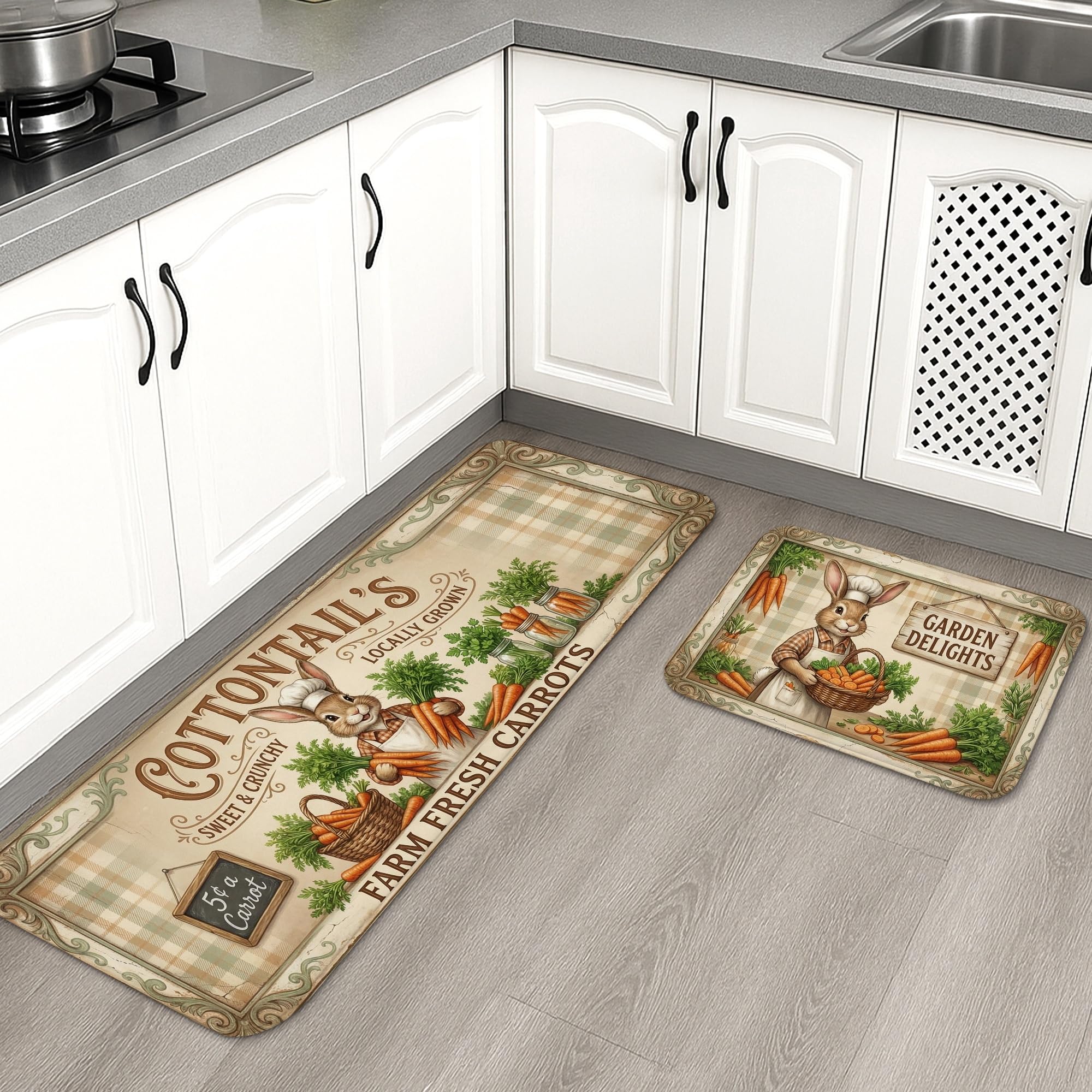 Tapis de cuisine pour évier et buanderie style vintage motif lapin