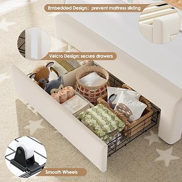 HIFIT Beige Velvet Twin Bed Frame with LED&Charging Station&Storage Drawer