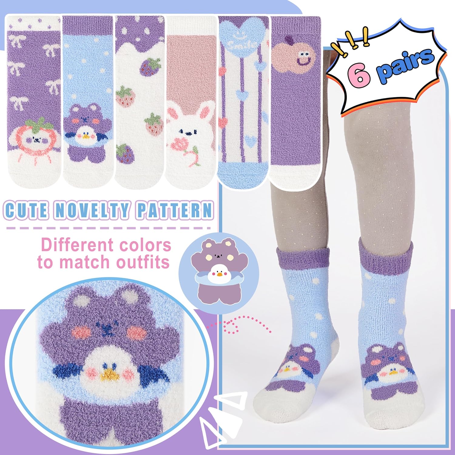 MOGGEI Kids Girls Toddlers Fuzzy Slipper Grips Socks Non Slip Warm Winter Fluffy Cozy Thick Fun Crew Gripper Socks 6 Pairs - Image 4