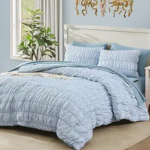 Full Size Comforter Sets - 7 Pieces Puff Cornflower Blue Floral Bedding Set for All Seasons, Shabby Chic Farmhouse Bed in a Bag Full with Floral Comforter, Sheets, Pillowcases & Shams