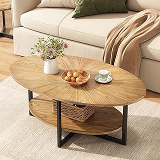 Solid Wood Oval Coffee Table with Cross Metal Legs, 43.3in Modern Industrail Center Table with Open Shelf Cocktail Tea Table for Living Room Bedroom, Rustic Nature 1811