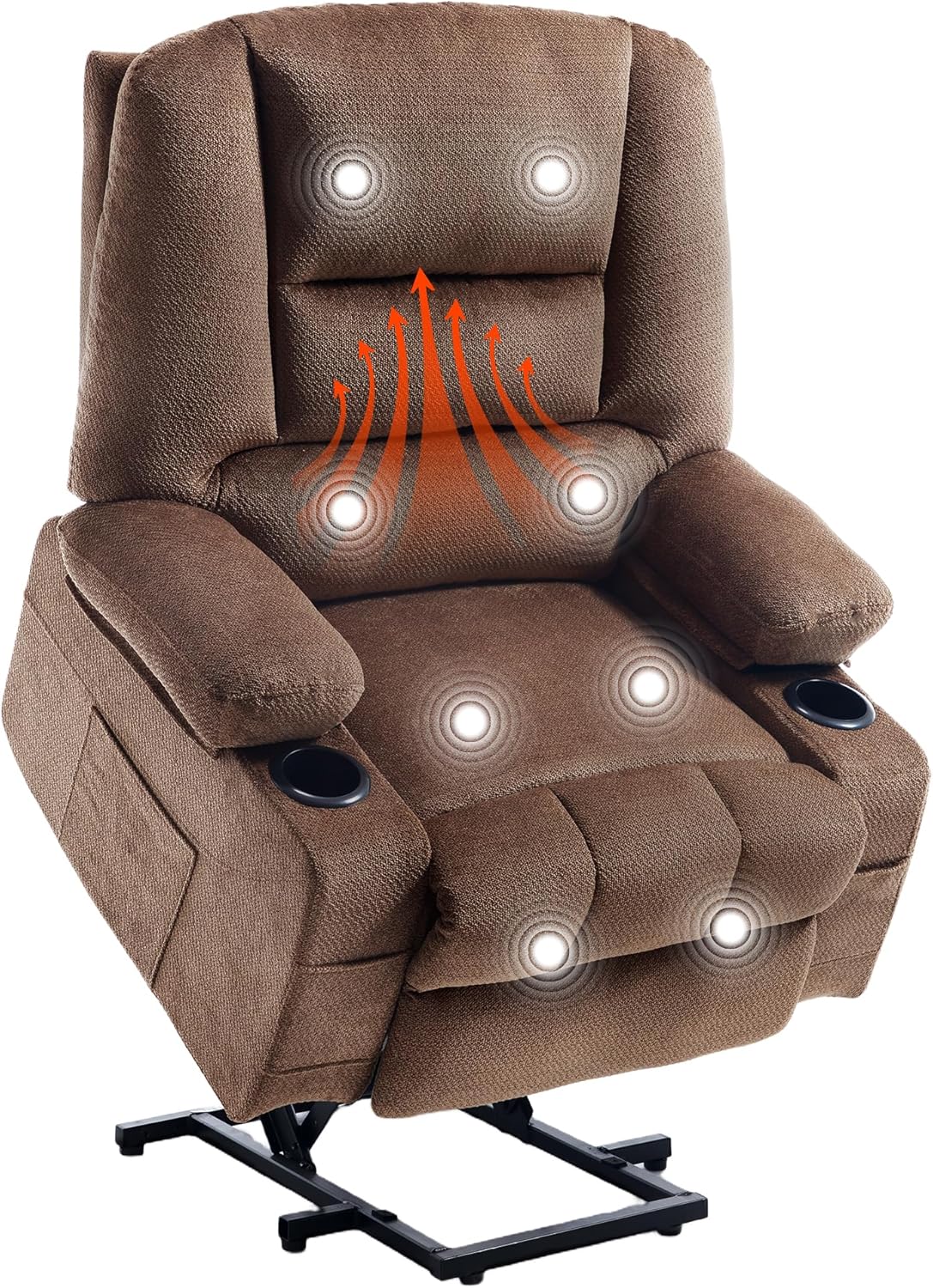 Power Lift Recliner Chair for Elderly People with USB Port Cup Holder, Overstuffed Fabric Electric Massage Recliner Chair with Heat for Seniors Adults, Brown